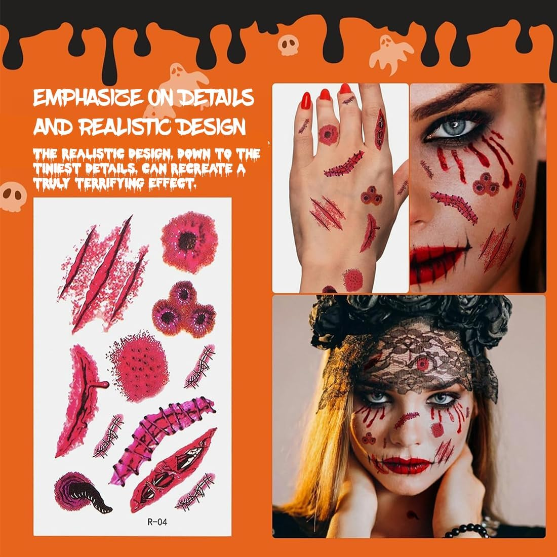 Halloween Tattoo Scars, 60 Sheets Tattoo Wounds Face Scars Realistic Motifs, Vampire Costume Women'S Make-Up Accessories, Halloween Fake Wounds Sticking for Carnival Halloween Make-Up image number 1