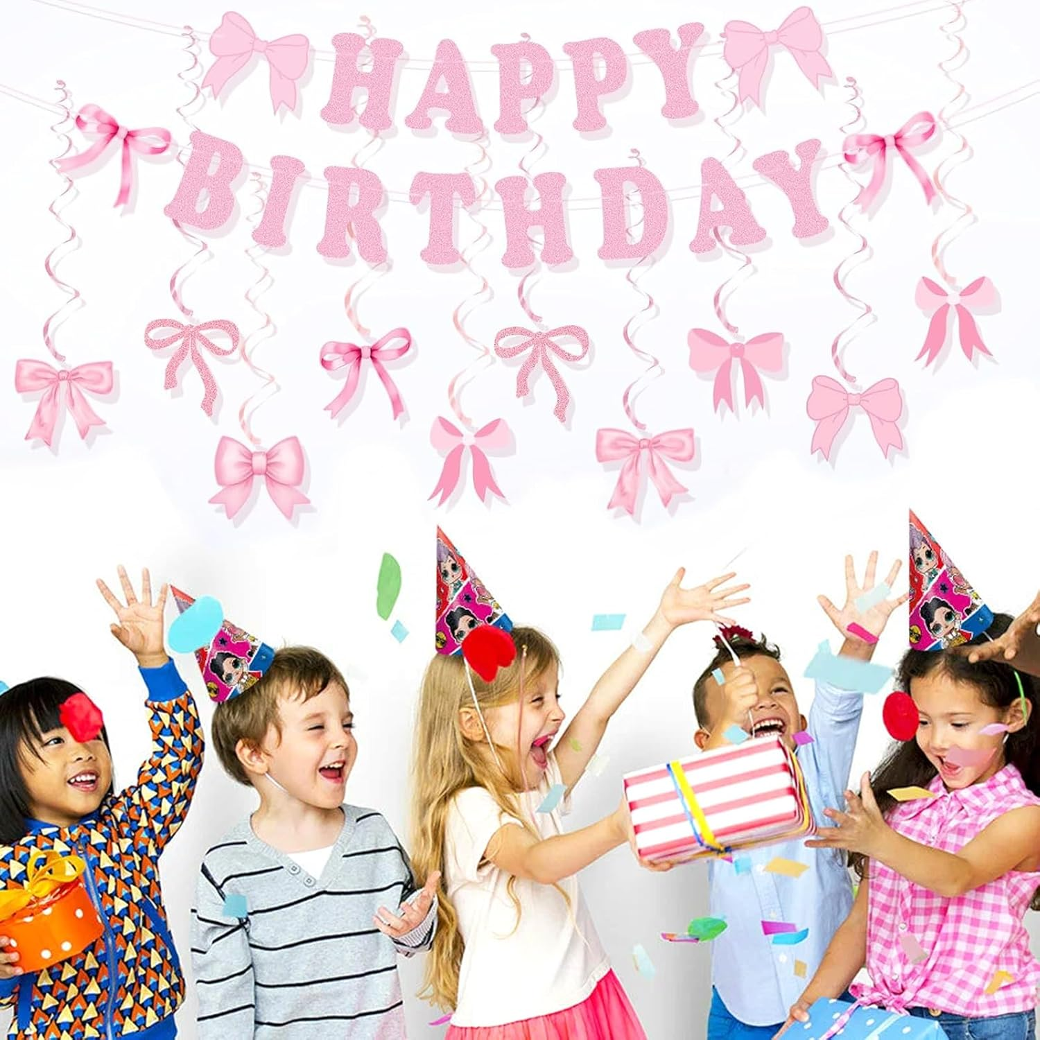 Pink Birthday Party Decorations, Pink Bow Party Banner with 14Pcs Bow Swirls Hanging Garland, Girl Baby Shower Garland, Coquette Birthday Decoration for Wall, Fireplace, Window image number 1