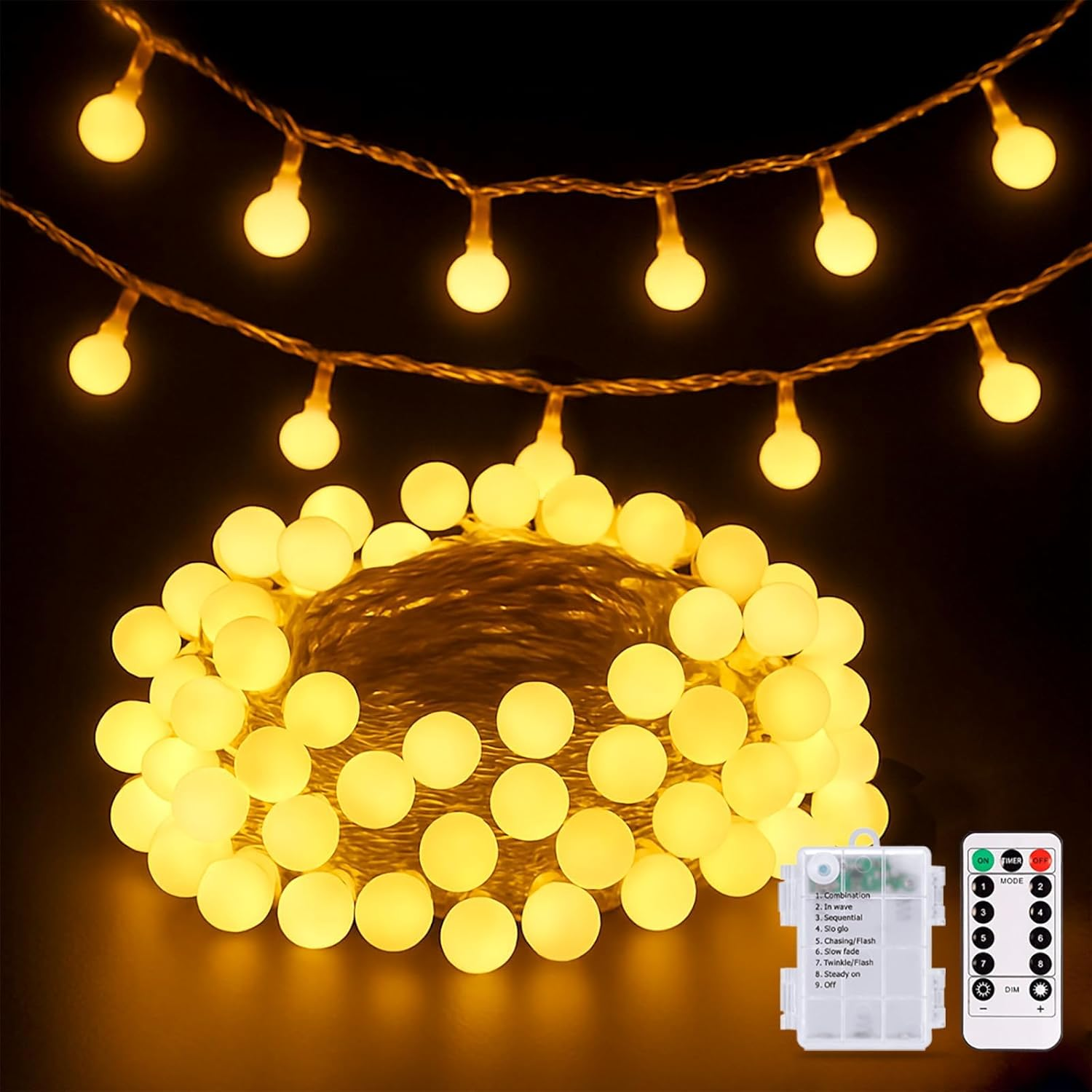 Fairy Lights, 33Ft 100LED Battery Operated with Remote, IP67 Waterproof Indoor Outdoor Hanging Crystal Beads for Home Party Patio Garden, Warm Yellow