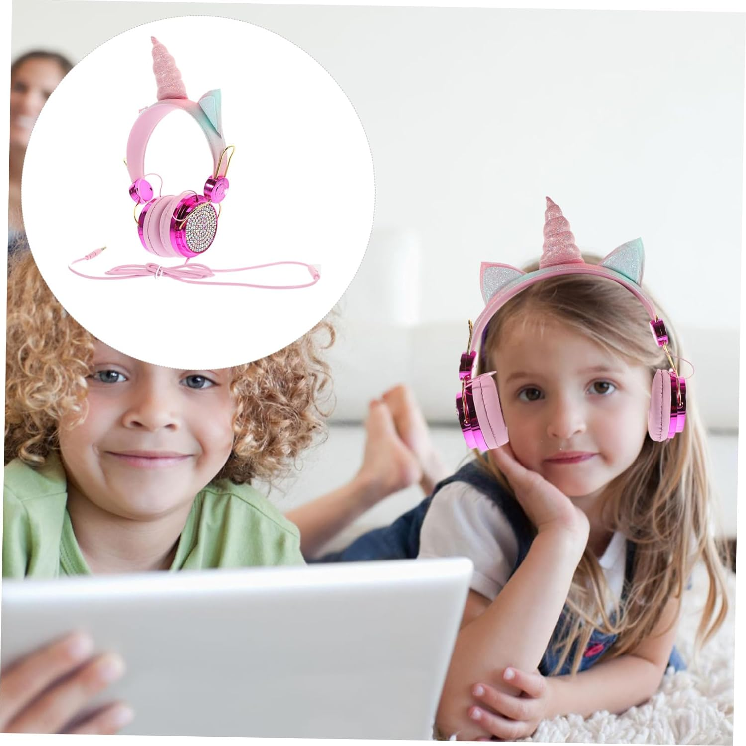 ARTIBETTER Headphones with Microphone Adjustable Headband Rhinestone Design Wired Earphones for Travel School Use Compatible with Phones and Computers Rose Gold image number 3