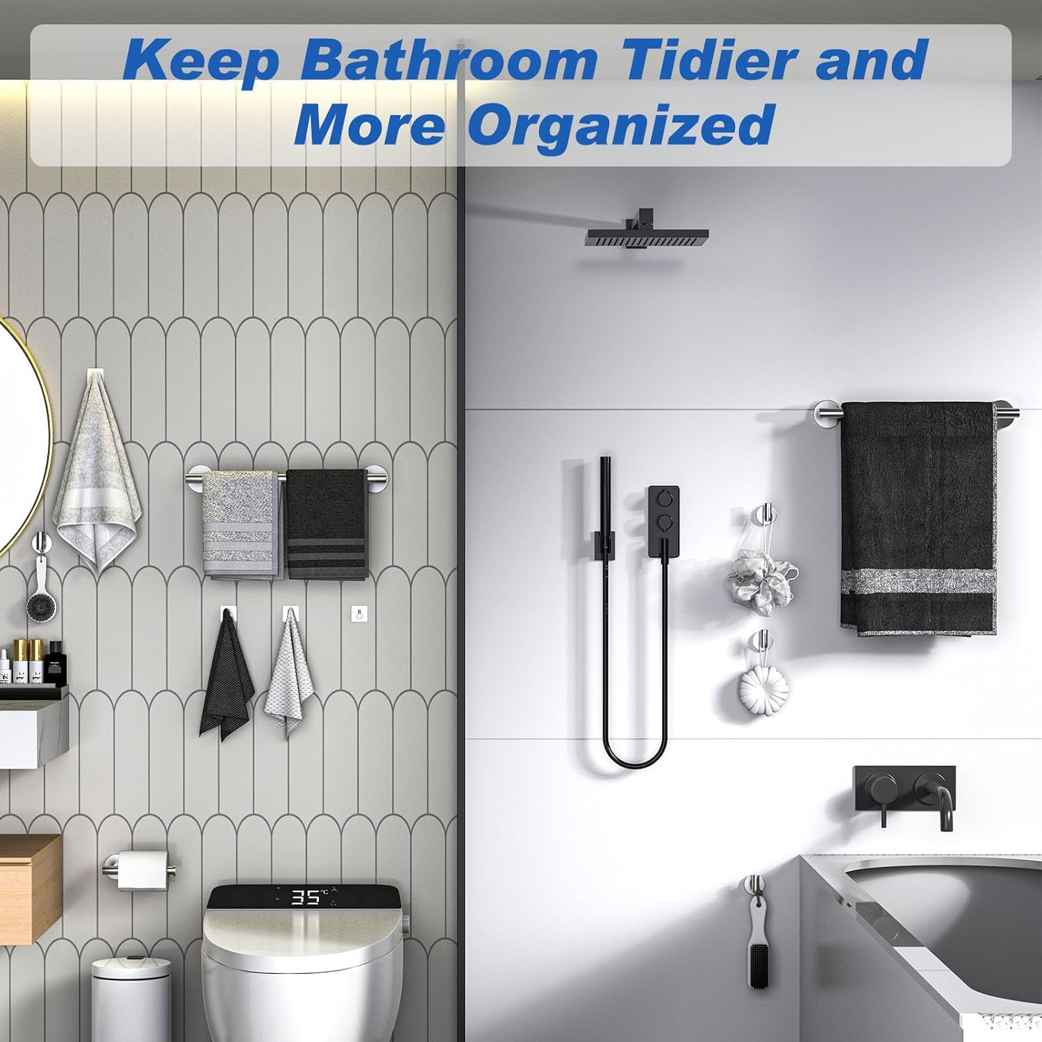 Bluefire 12-Piece Bathroom Hardware Set, Wall Mounted Bathroom Accessories Set Towel Bars for Bathroom Towel Holder Set with 2 Paper Tower Holders 2 Towel Bars 4 Adhesive Hooks 4 Towel Hooks(Sliver) image number 1