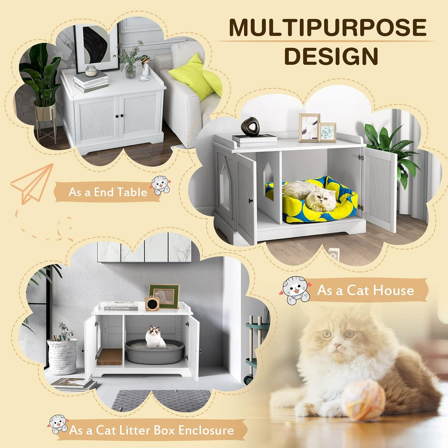 Costway Cat Litter Box Enclosure W/Scratching Pad, Adjustable Divider, Hidden Kitty Washroom, Indoor Pet House End Table Nightstand, Decorative Box Cabinet Storage Bench for Kitten & Large Cat