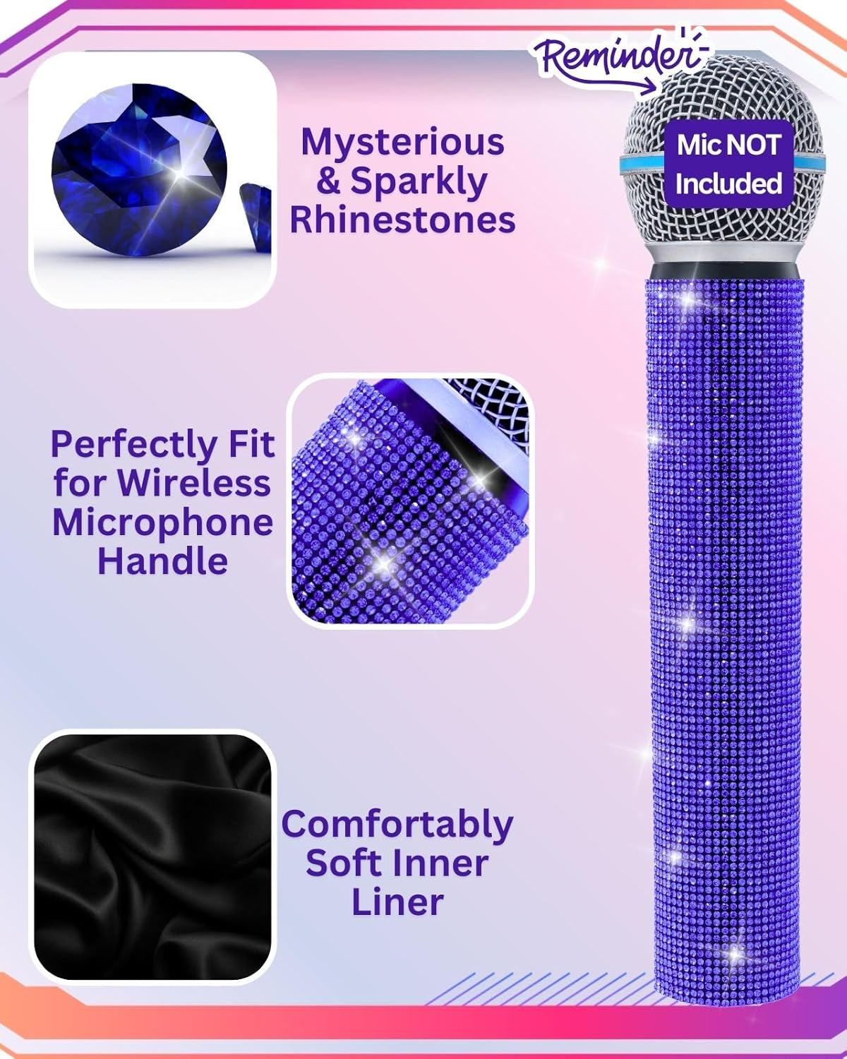 Rhinestone Microphone Sleeve for Shuer Wireless Mic SM58, Beta58A, Beta87A, SM86, PG58 Handle Cover Replacement, Royal Blue Bling on Party, Tours, TV Shows (Mic NOT Included) image number 1