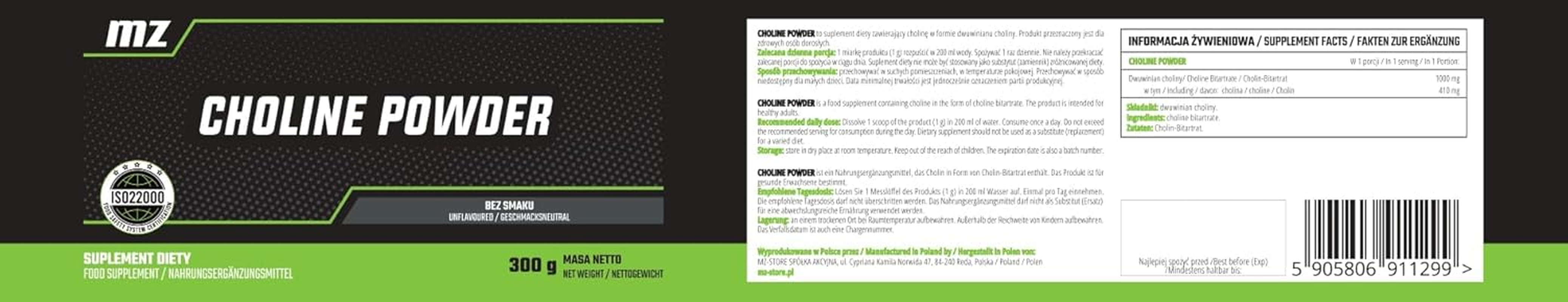 Choline Bitartrate Powder 300G - 1000 Mg per Serving - 300 Servings - Supports Cognitive Function - Additives Free - Dietary Supplement by MZ