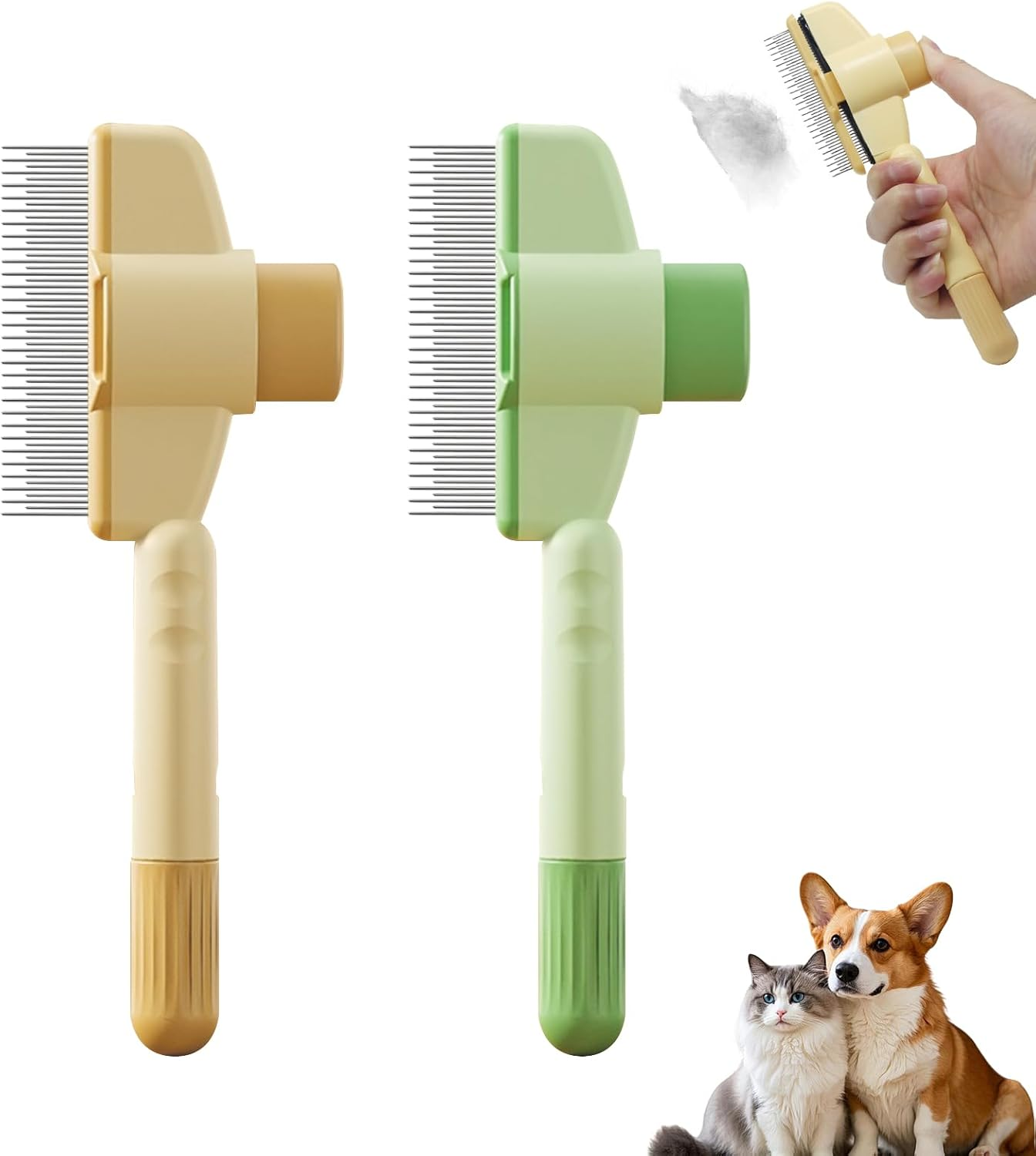 Care Equipment for Pets, Self-Cleaning Flea Comb, Flea Comb for Cats, Self-Cleaning Pet Comb with Release Button, Removes Knots and Loose Hair (Green + Yellow)