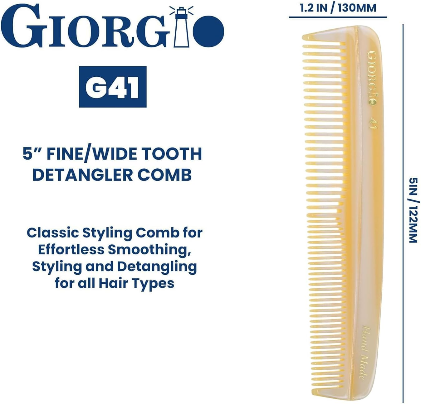 Giorgio G41 (5"/130Mm) Coarse/Fine Teeth Flexible Men'S Hair, Beard & Mustache Pocket Comb - Hand-Made of Quality Durable Cellulose, Saw-Cut and Hand Polished (1-Pack, Imitation Horn) image number 2