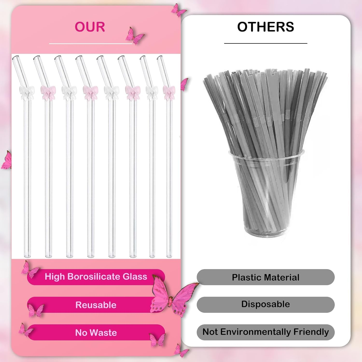 WADY 8 Pcs Reusable Glass Straws with 2 Cleaning Brushes - Colorful Shatter Resistant Drinking Straws, Dishwasher Safe for Juice/Smoothie/Tea, Eco Friendly Bow Design Straws image number 3