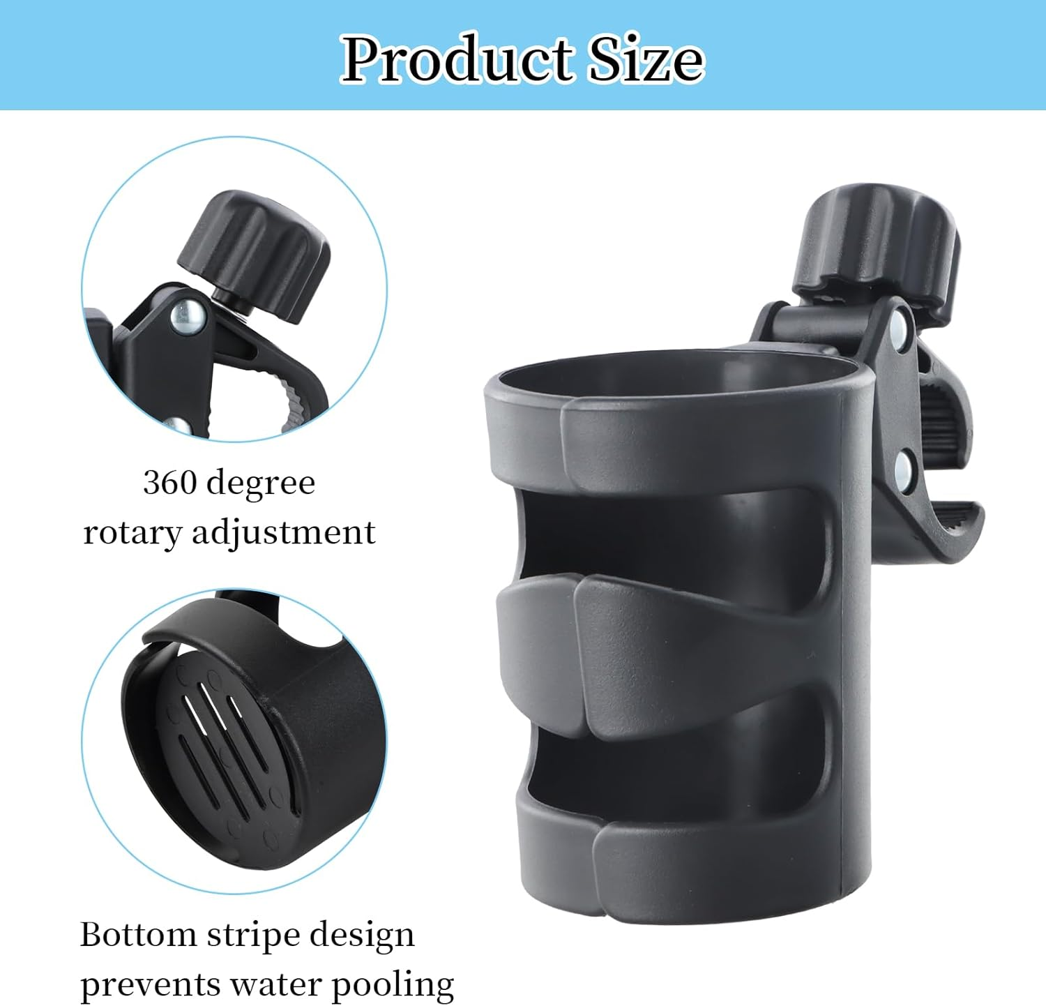 360&deg; Rotating Universal Cup Holder for Strollers &ndash; Adjustable Stroller Drink Organizer for Bikes, Wheelchairs & More | Durable, PP Material | Secure Fit for Coffee, Milk Bottles & Water Bottles image number 3