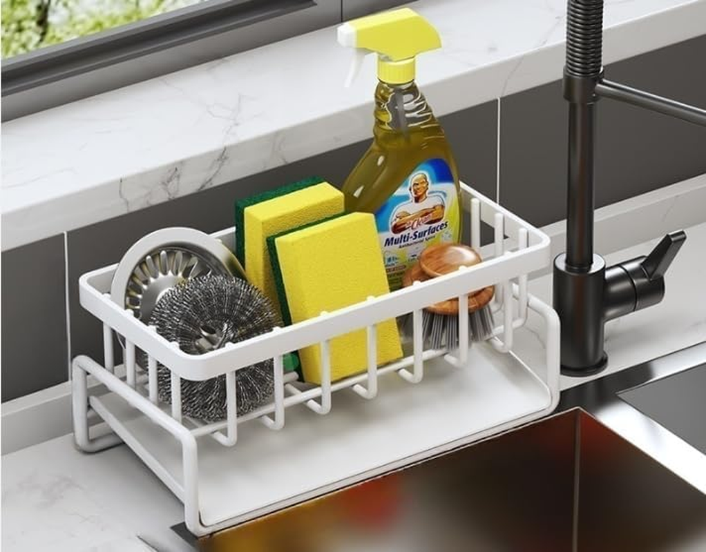 Kitchen Sink Caddy Organiser - Multifunctional Stainless Steel Rack with Self - Draining Tray, Ideal for Sponge, Dish Soap, Scrubber Brush & Dishcloth Storage, Tidy up Your Kitchen Space