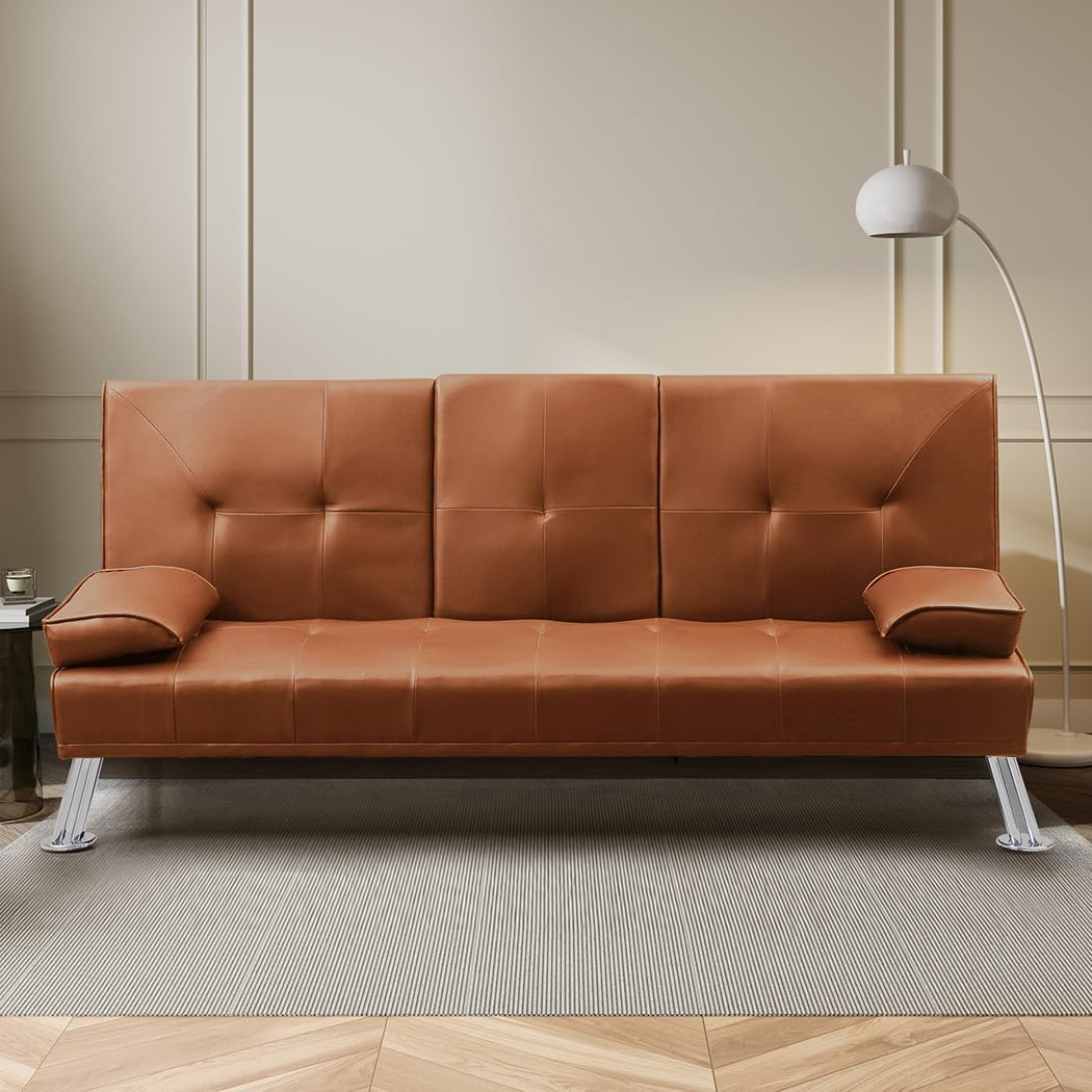 LEVEDE 3 Seater Sofa Bed Convertible, Artificial Leather Loveseat Sofa Couch with 2 Cup Holders, Recliner Sofa Lounge with 3 Adjustable Backrest Positions, Spare Bed for Guest (180Cm, Brown)