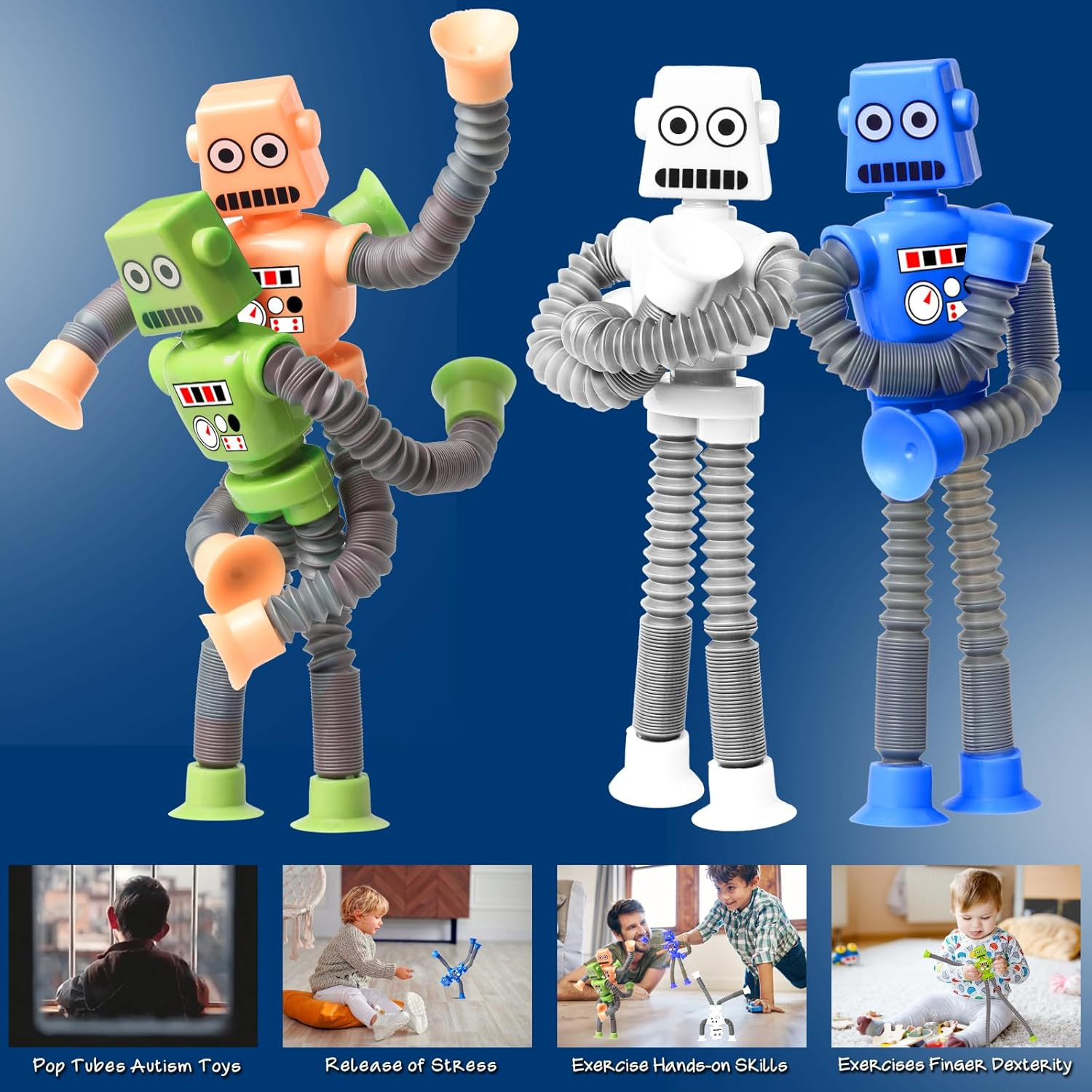 YAYOSUE 4PCS Telescopic Robot Suction Cup Toy, Shape Changing Tube Fidget Toys, Travel Toys Gift Easter Basket Stocking Stuffer for Kids