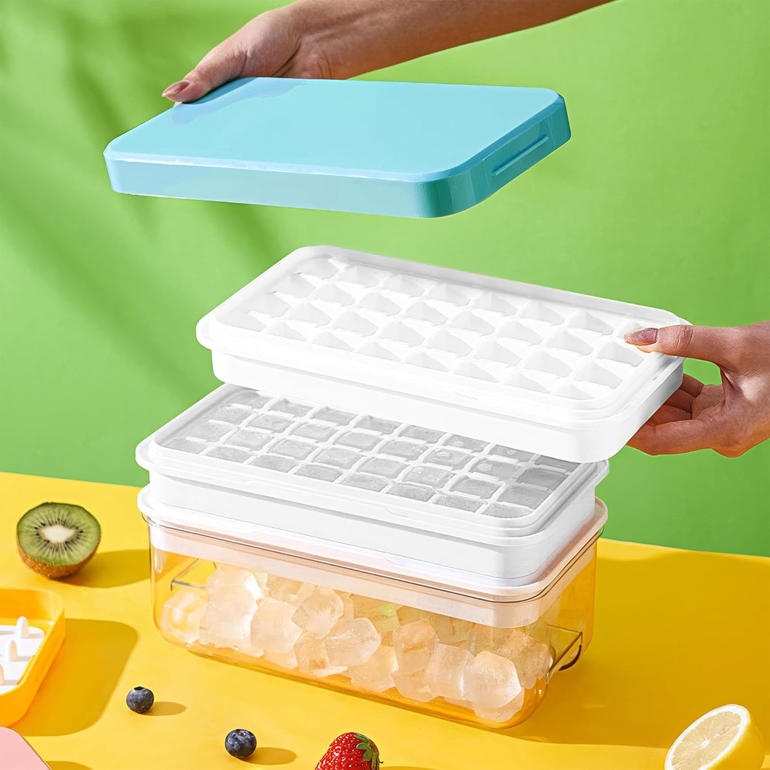 64 Cavity Ice Tray Set - Pop-Up Silicone Molds with Lids and Storage Bins, Bpa-Free Food-Grade Silicone, Including Spoon and Press Plate, Great for Parties, Get-Togethers and DIY Fun image number 1