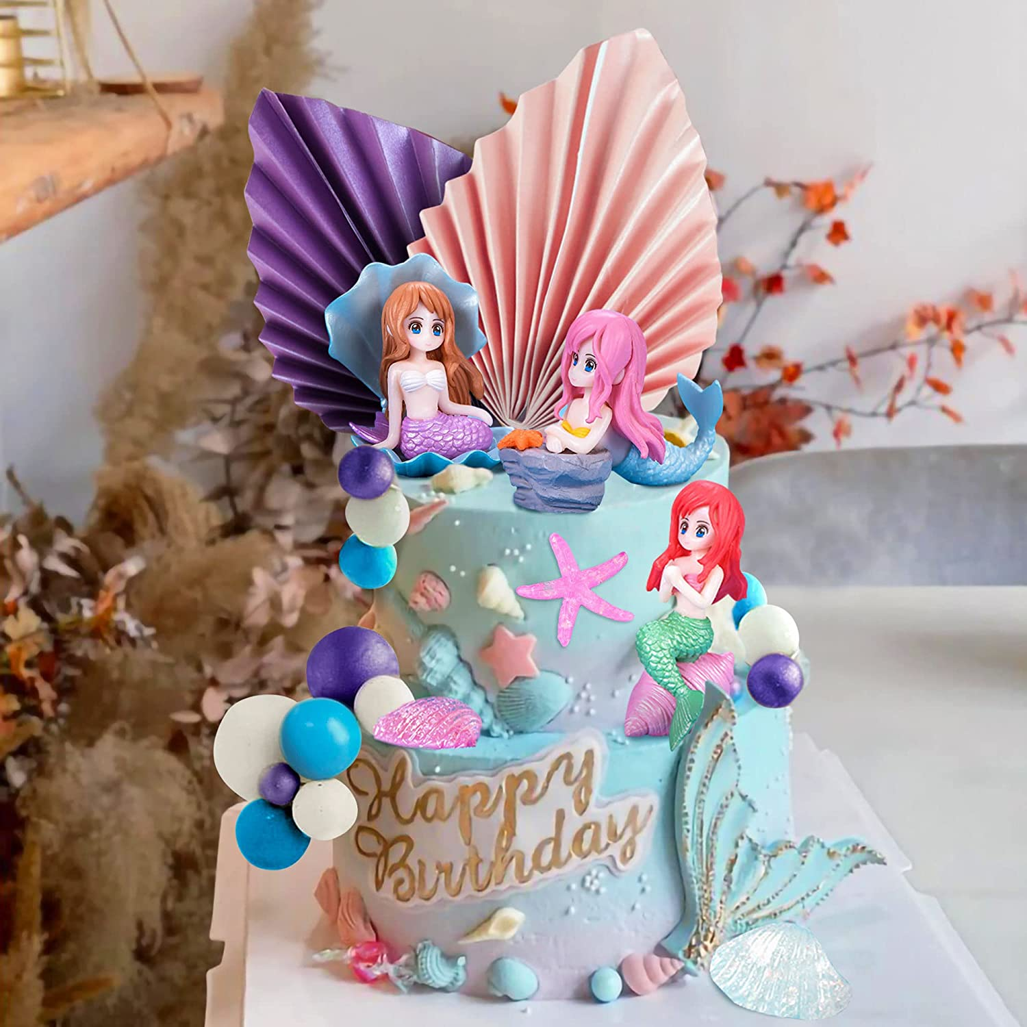 Jevenis 30 PCS Mermaid Cake Decoration under the Sea Cake Decoration Seashell Cake Topper Mermaid Tail Cake Topper Mermaid Party Supplies Sea Star Cake Toppers image number 3
