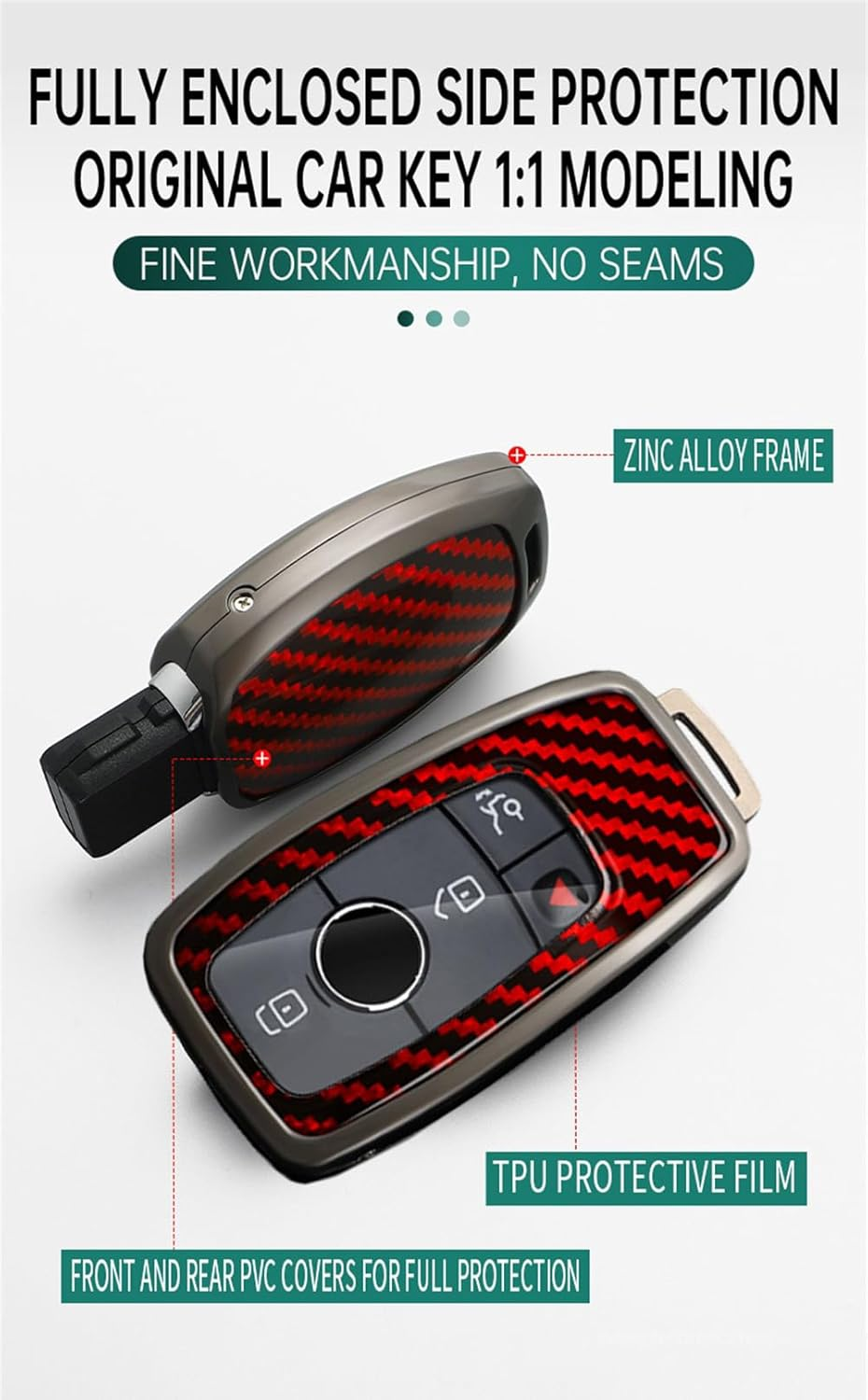 Ontto Alloy Car Key Fob Cover Fit for Mercedes Benz a C E S G Class GLC CLE CLA GLB GLS W177 W205 W213 W222 X167 AMG Key Case Keyring PVC Key Shell Holder Keychian Accessories 3/4 Buttons Black - Red image number 7
