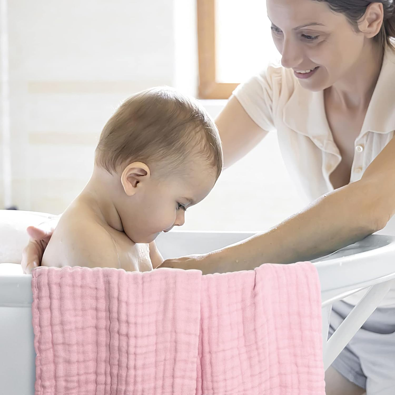 Winreal Muslin Baby Bath Towels Set 3 Pack Ultra Soft and Absorbent Baby Towels Infant Toddler Blanket Towel 6-Layer Natural Cotton Towel Suitable for Girl Boy 40X40 Inches (White&Pink&Grey)