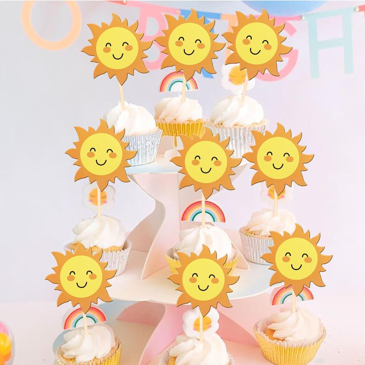 36 Pack Sun Cupcake Toppers Double Sided Sun Flower Smile Face Cupcake Picks Sunshine Cupcake Decorations for Sun Theme Baby Shower Kids Boys Girls Birthday Party Cake Decorations Supplies (Color-01) image number 4