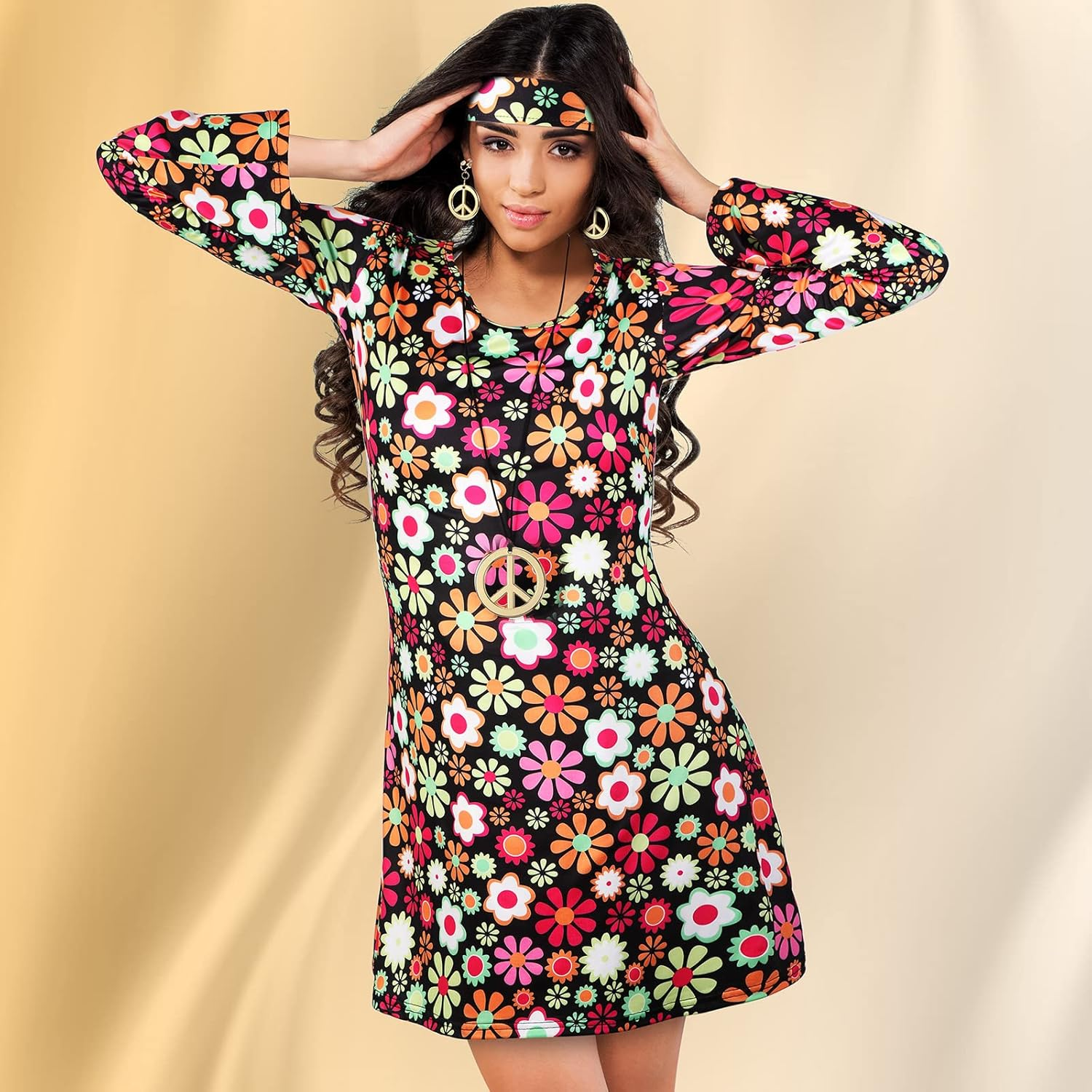 Haysandy Women'S 70S 80S Hippie Disco Costume Set: Green, Brown, Orange, Black; Earring, Necklace, Headband, Dress; Halloween; Adult Women, Halloween Enthusiasts image number 3