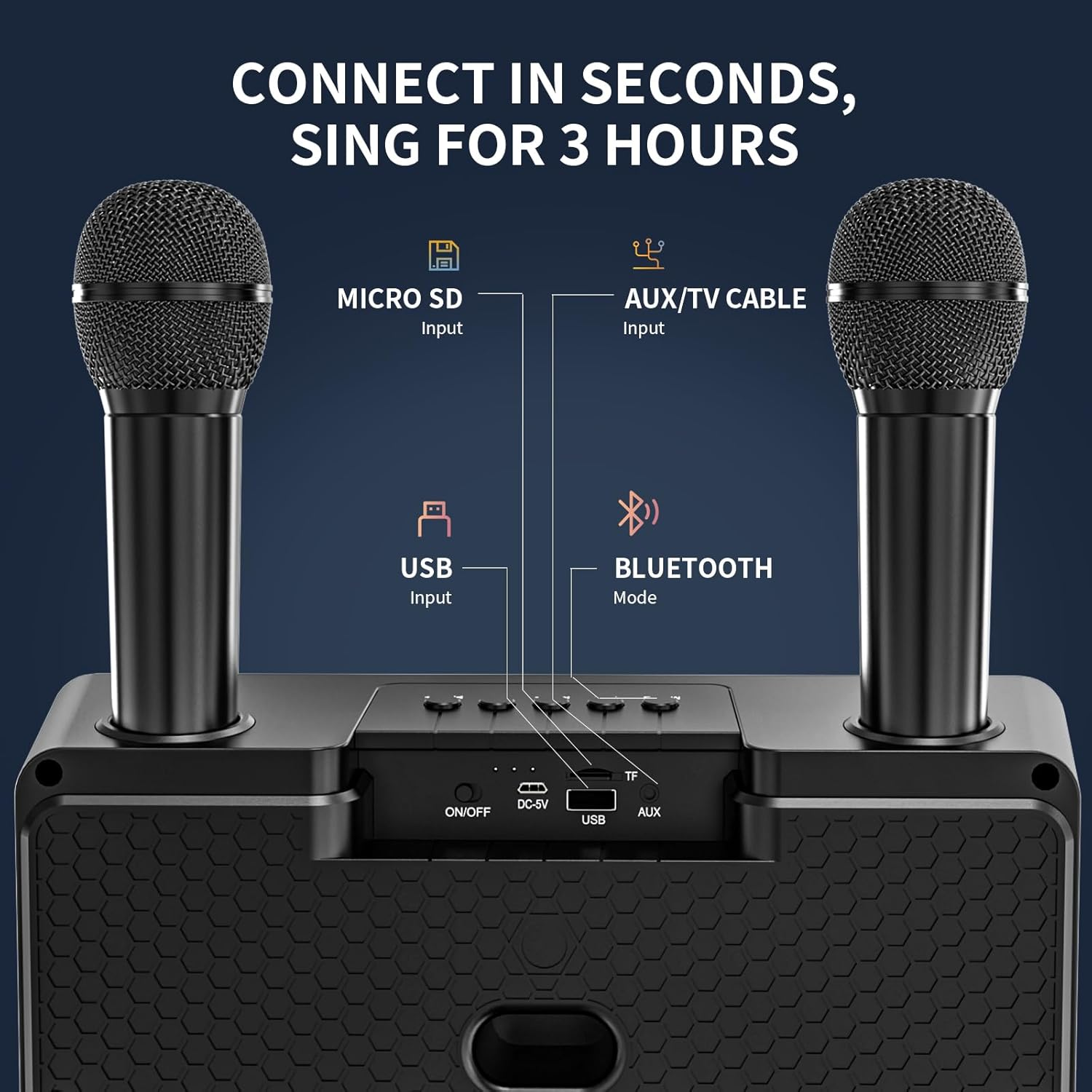 Karaoke Machine for Adults and Kids with 2 UHF Wireless Microphones,Portable Bluetooth Singing Speakers PA System with Disco Lights Phone Holder for Home Party, Picnic,Outdoor/Birthday Gifts image number 4