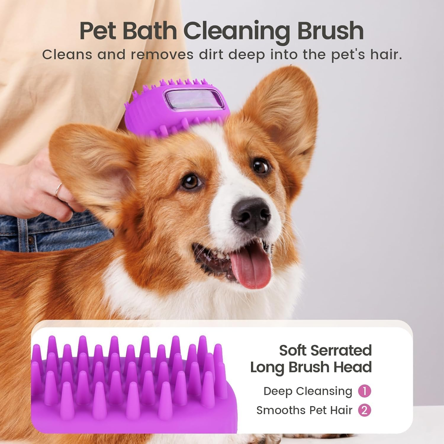 Dog Bath Brush | Dual-Side Dog Shampoo Brush | Dogs Scrubber for Bath | Dog Grooming Brush with Non-Slip Handle Dogs Washing Brush for Pets Deshedding, Massaging & Grooming (Purple, One Size) image number 4