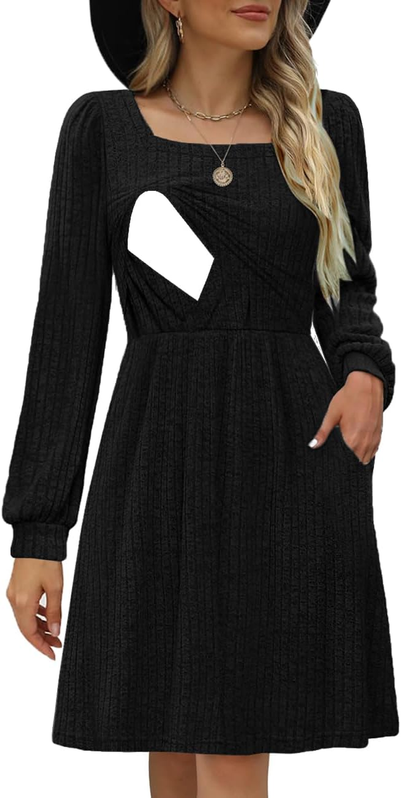 Womens Nursing Fall Dresses Square Neck Long Sleeve Winter Knit Sweater Dress 2024 with Pockets