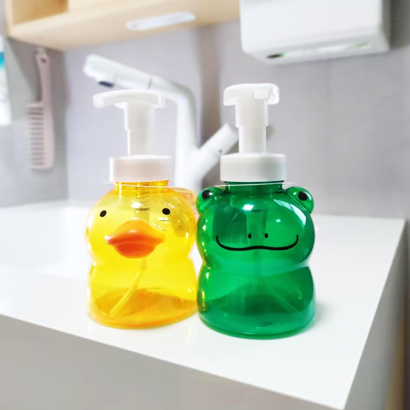 MXY 2 Pack Foaming Soap Dispenser Refillable Pump Bottle Foam Liquid Hand Soap Empty Plastic Container Reusable Empty Bottles for Hand Soap, Lotion, Shampoo Cute Duck and Frog Designs (10Oz, 300Ml) image number 6