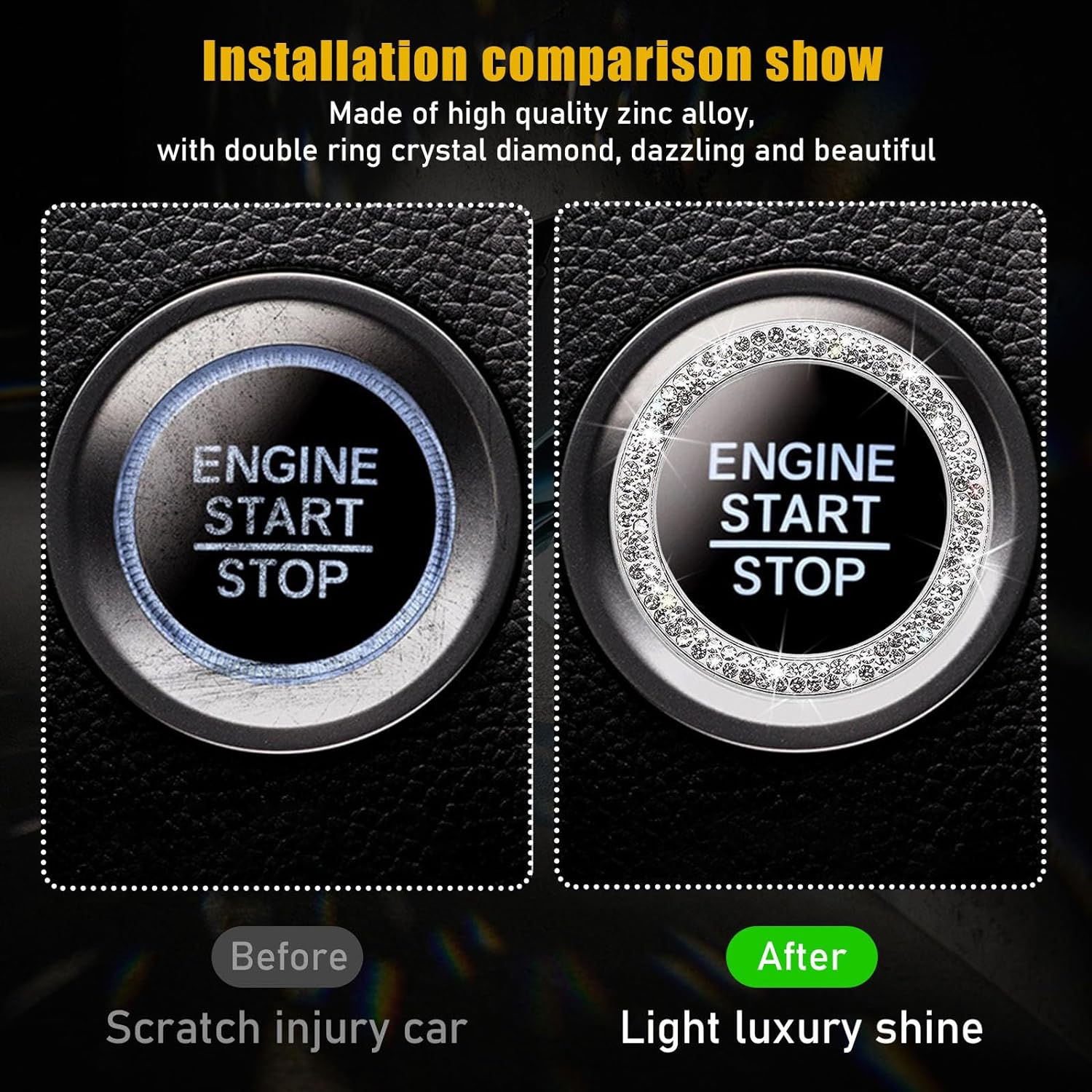 Kewucn Bling Crystal Double Rhinestone Car Engine Start Decoration Ring, Sparkling Push Start Button Sticker, Key Ignition & Knob Ring Decoration, Bling Car Interior Accessory(White) image number 6