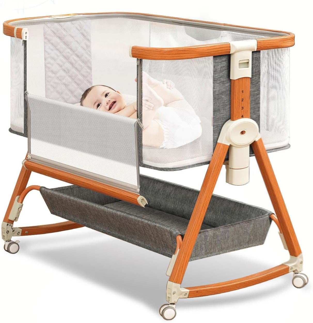 Baby Bassinet, Bassinet Bedside Sleeper Co-Sleeper with Adjustable Height, 4-Sided Mesh Baby Crib with Wheels and Storage Basket for Newborn 0-6 Months (Grey) image number 6