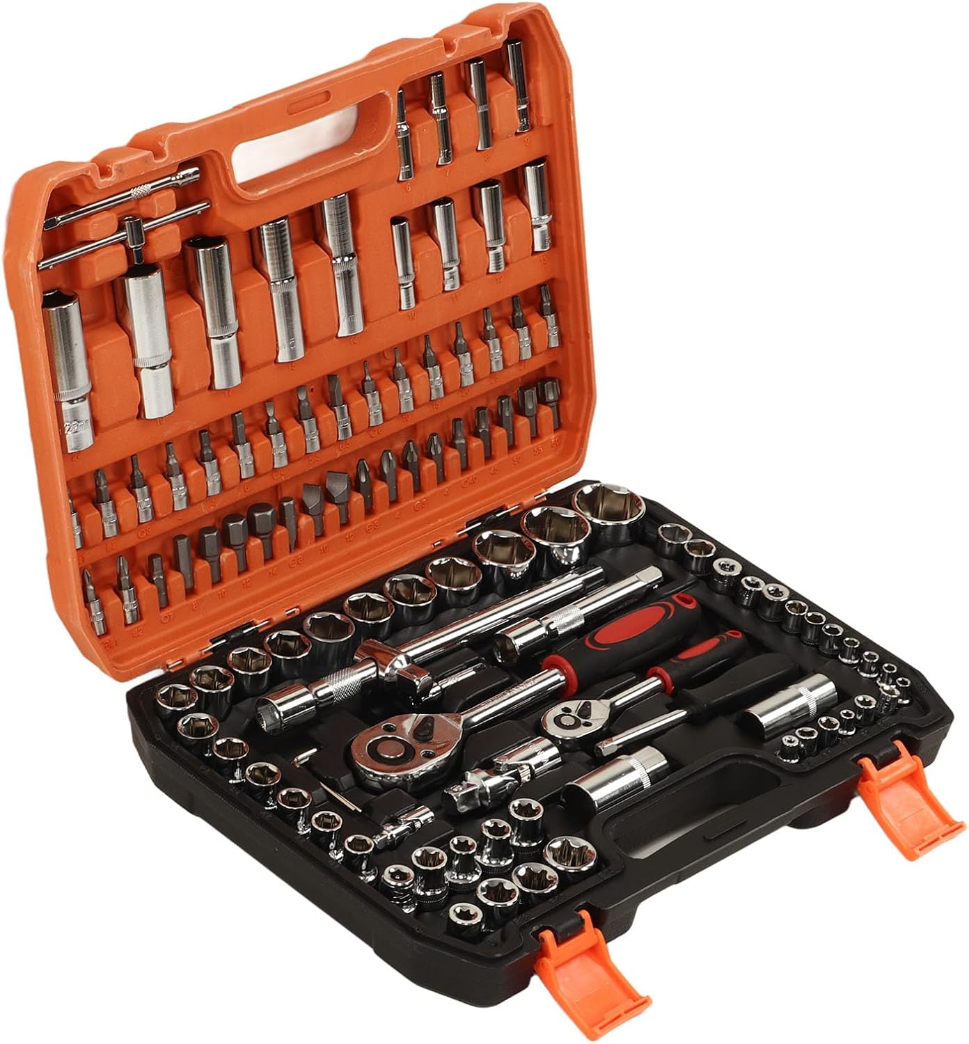 108 Piece Mechanical Repair Tool Set Chrome Steel Sockets Bits Ratchet Wrenches Hex Keys for Car and Home Maintenance image number 3