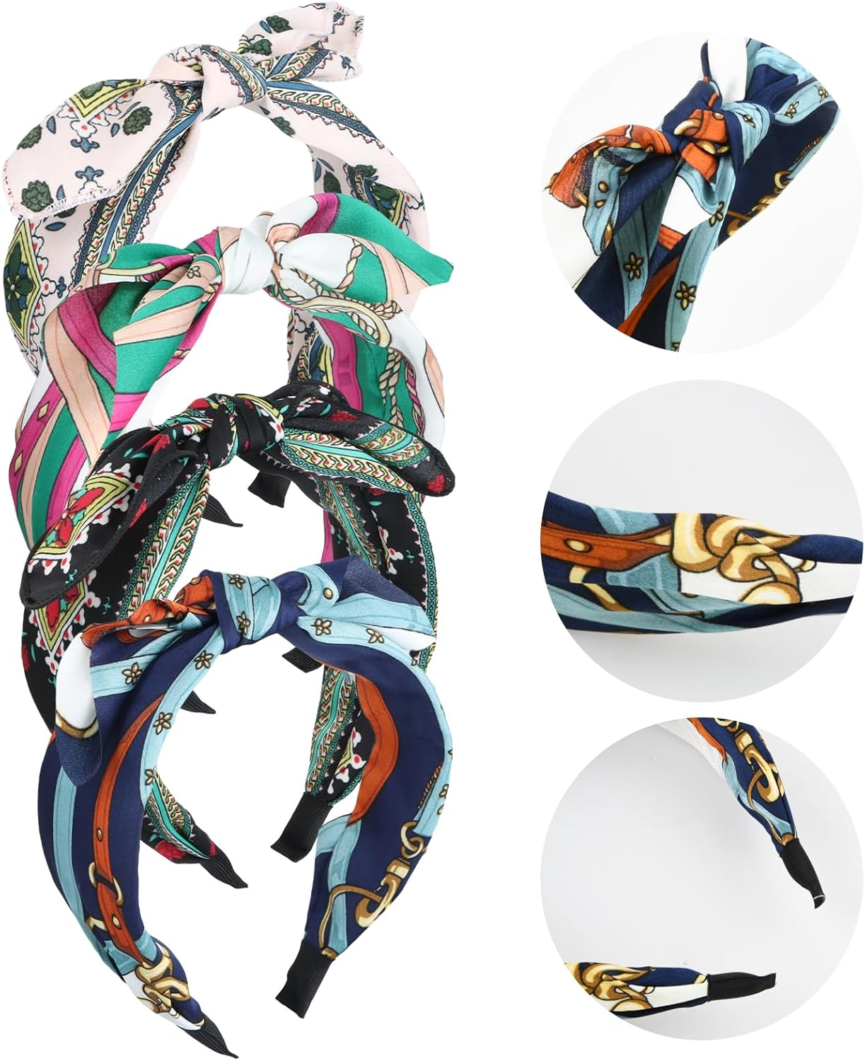 Pack of 4 Headbands for Women, Wide Printed Fabric Hair Band, Bow Hair Band, Non-Slip Knot Headband for Daily Wear/Dating/Sports/Outdoor (4 Designs) image number 3