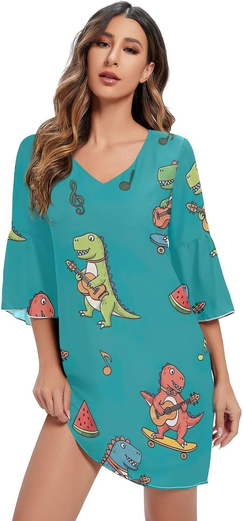 Colorful Cartoon Dinosaur Short Dress Printed Maternity Dress Party image number 4