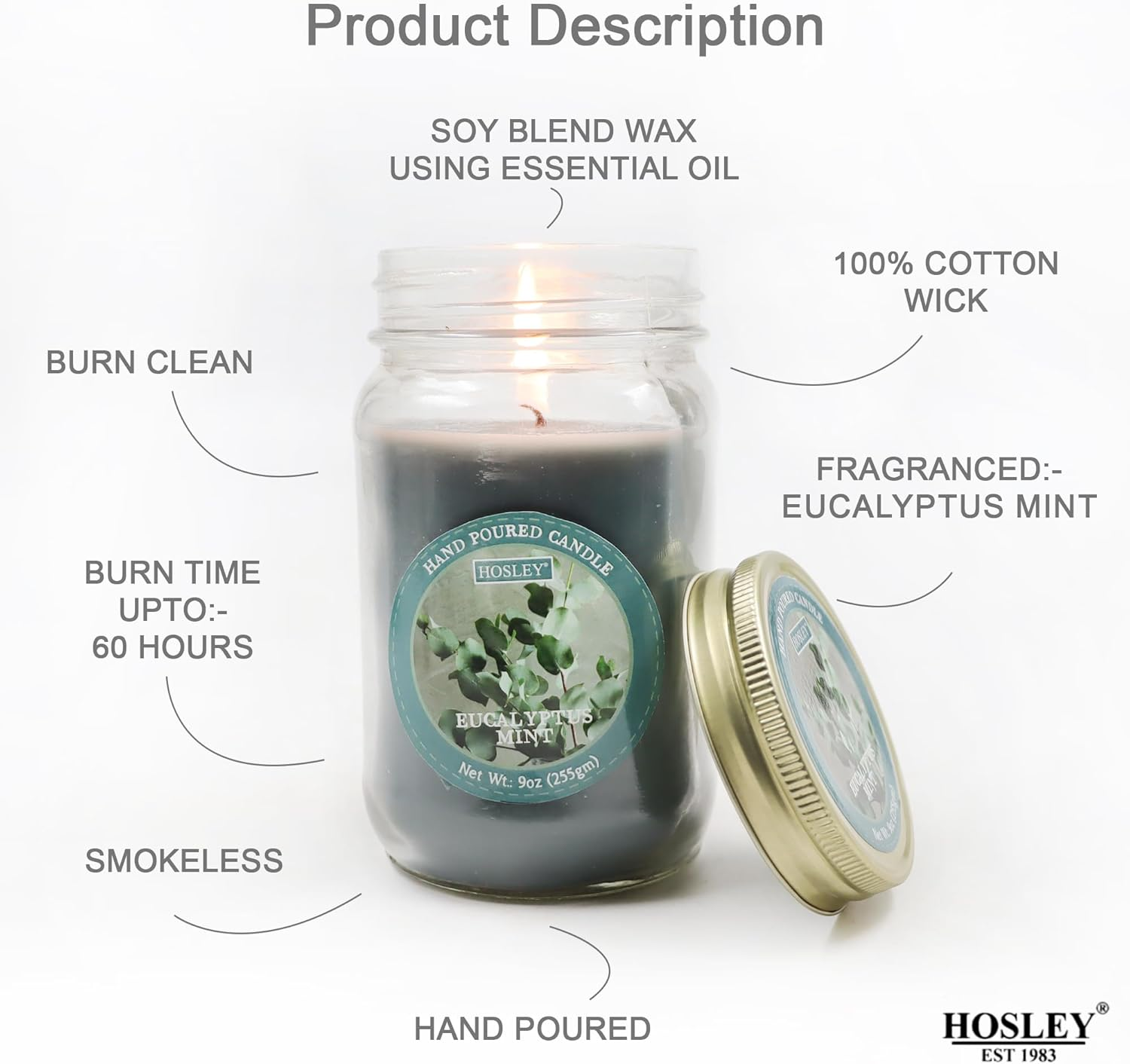 Hosley&reg; 9Oz Eucalyptus Mint Scented Classic Clear Fragrance Jar Candle Large Jar Single Wick Candle, over 55 Hours of Burn Time (Pack of 2) image number 1