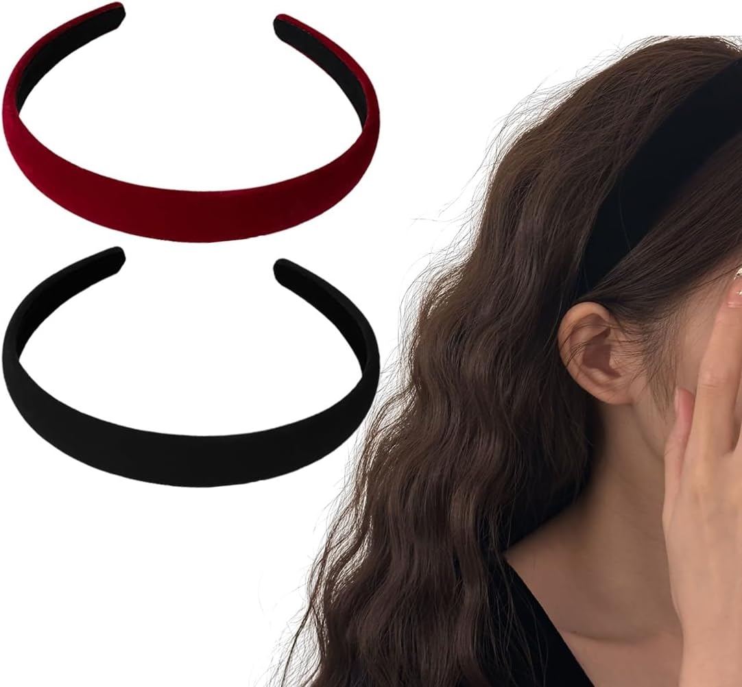 Pack of 2 Velvet Headbands Women, Solid, Simple Headband for Girls, Fashion Hair Accessories for Women Girls, Padded Velvet Headband Retro Style Headband (Black/Burgundy) image number 5