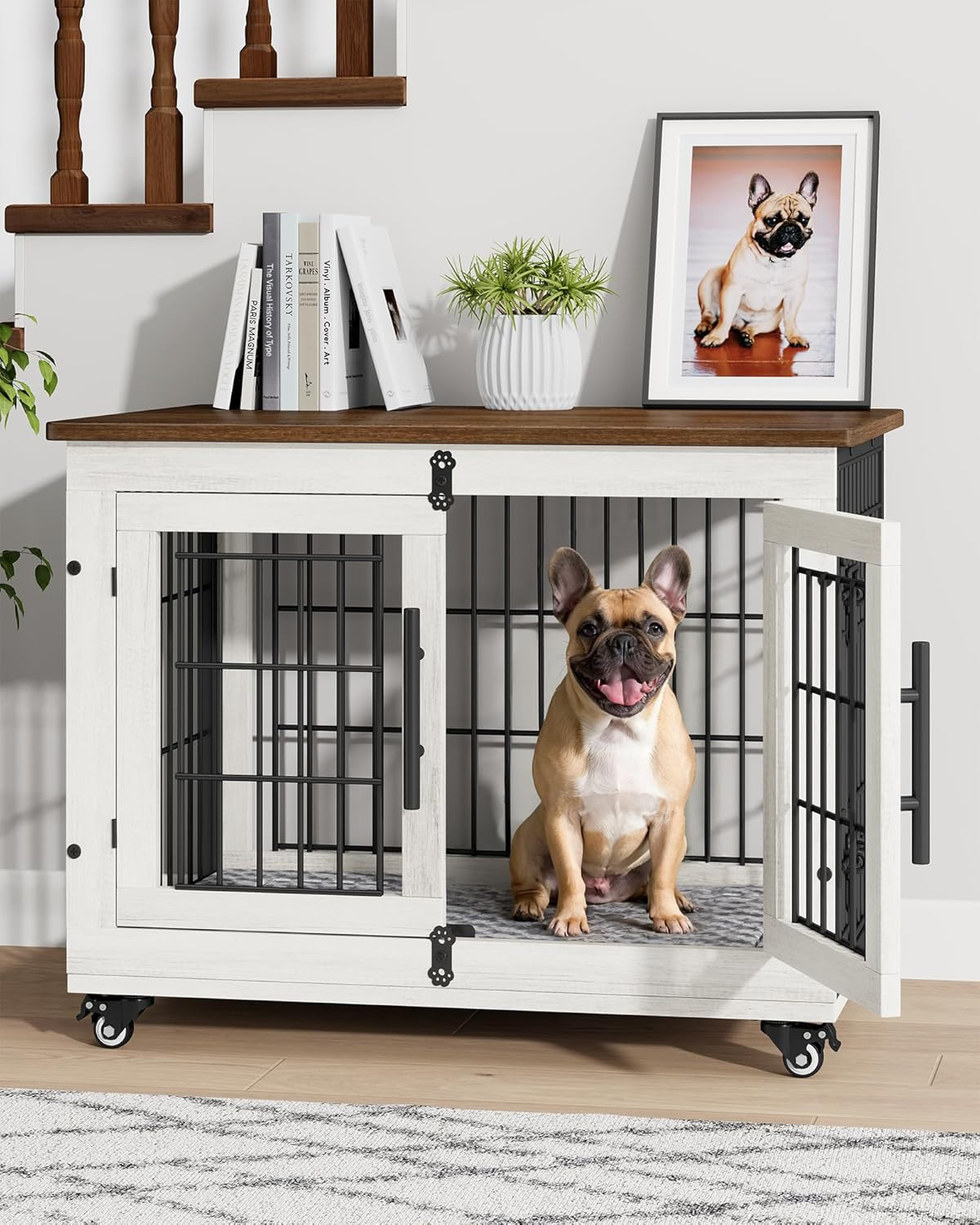 Yafiti Dog Crate Furniture with Cushion, Wooden Dog Kennel Indoor with Double Doors, Dog Cage with Wheels, Dog House Side End Table for Small Medium Dogs up to 45 Lb, 32.5" L, White