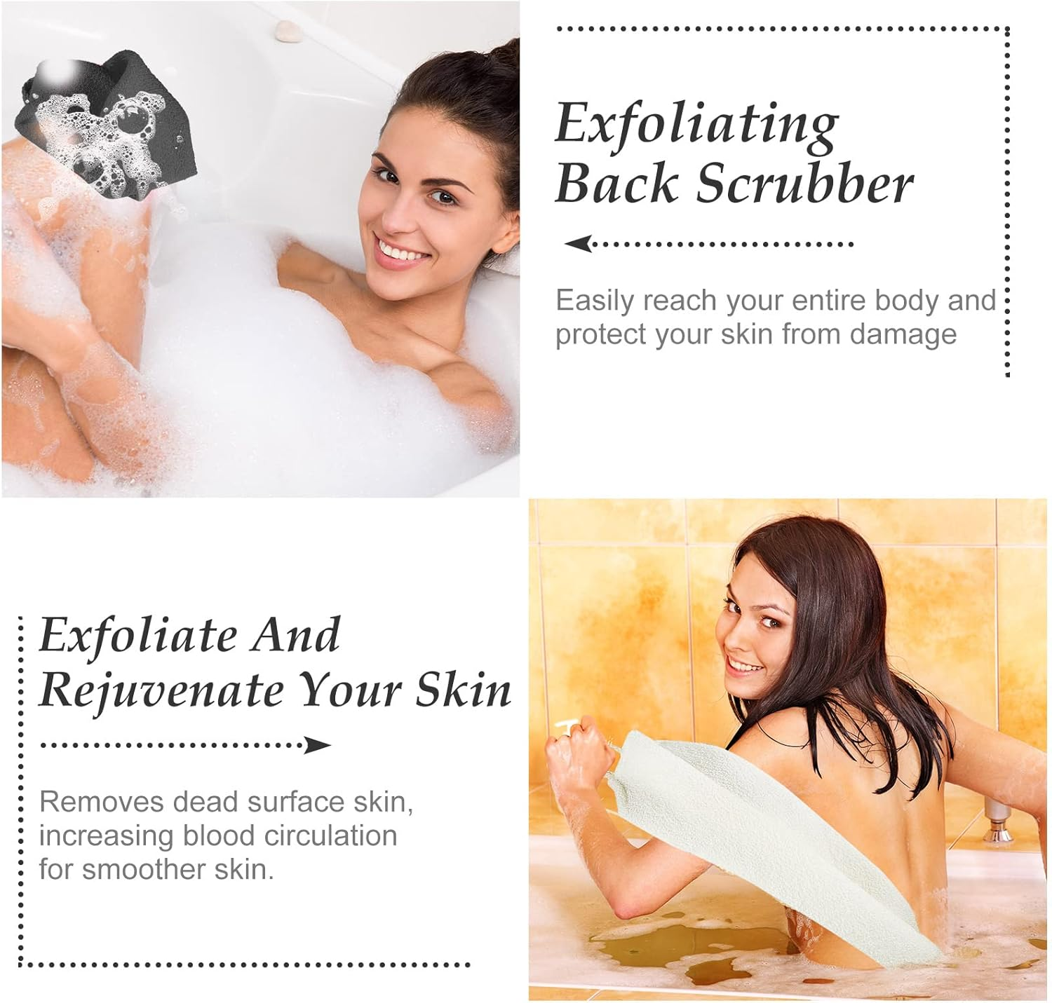 Moukeren Exfoliating Back Scrubber with Handles 4 Pack Nylon Back Exfoliator Extended Length Washers Scrubbers Stretchable Pull Strap Exfoliating Washcloth(Grey, Cream White) image number 4