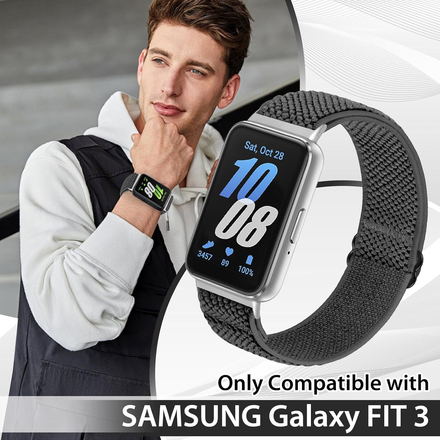 2 Pack Elastic Band Compatible with Samsung Galaxy Fit 3, Adjustable Solo Loop Breathable Nylon Sport Band for Woman Man image number 2