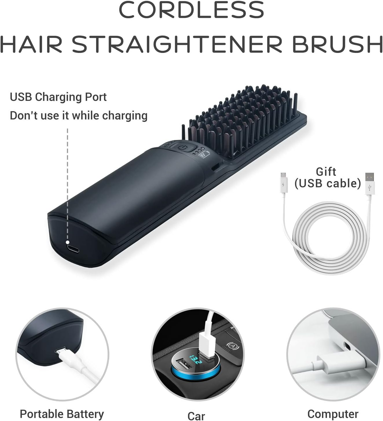 Hot Hair Straightener Brush,Portable Mini Hair Straightener USB Rechargeable 6400MAH,2 in 1 Hair Straightener Comb with Anti-Scald Feature for Women & Men (Black) image number 5