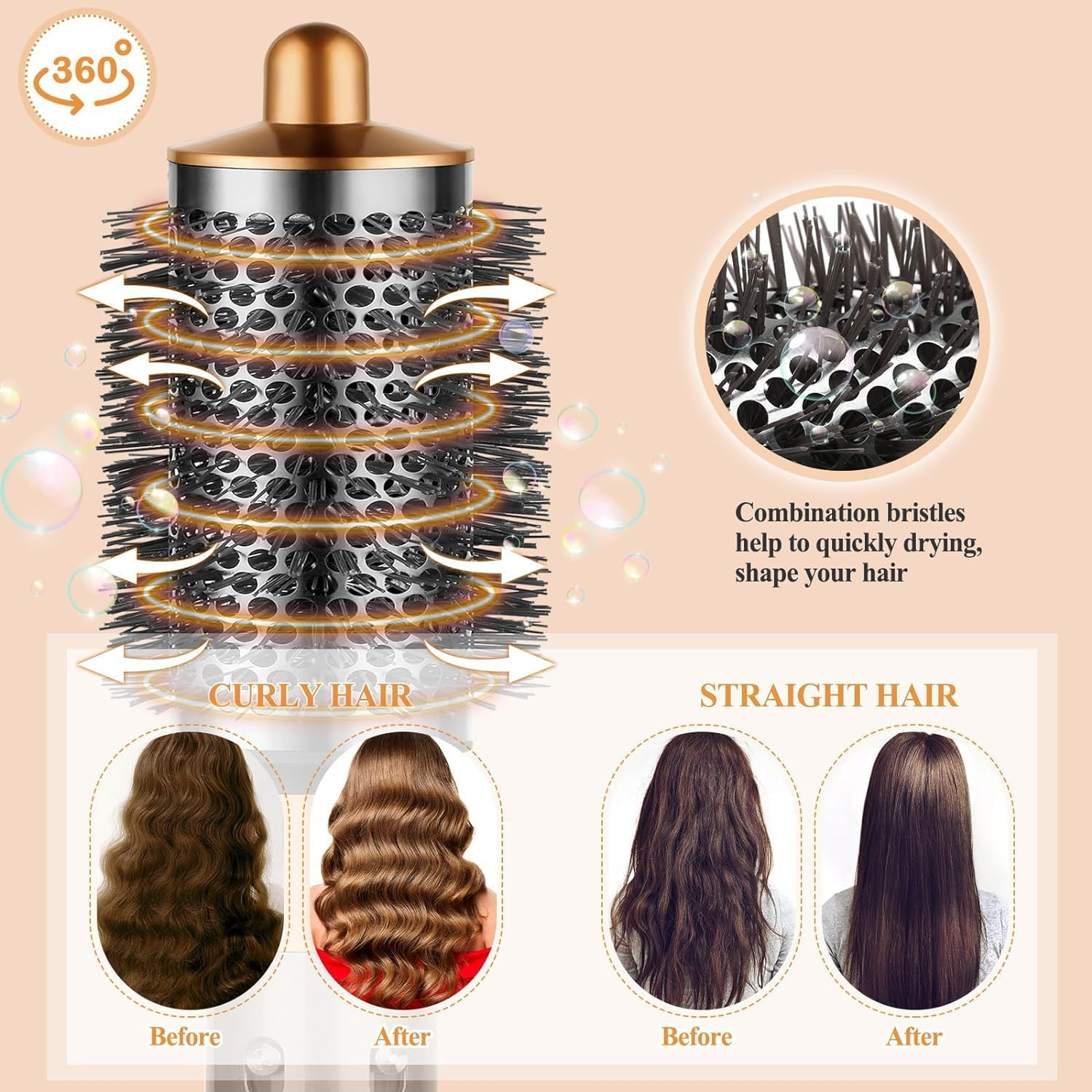 Volumizing Hair Brush, Large Round, Gold/Gray, All Hair Types, Unisex, Adults, Hair Stylists, Hair Care Enthusiasts image number 3