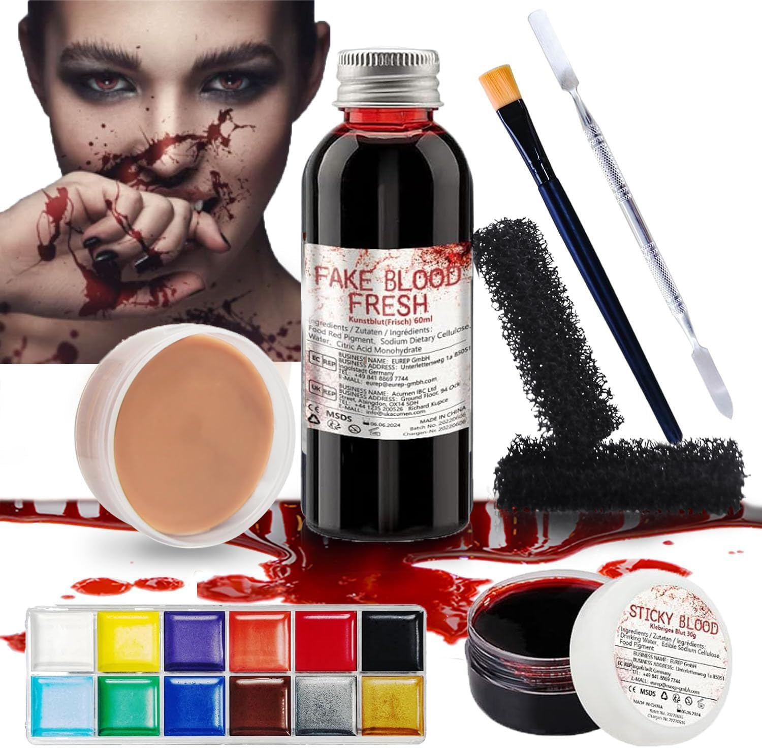 Halloween Make up Set, Artificial Blood, Encrusted Artificial Blood, Skin Wax & 12 Colours Face Painting & Sponge & Brush, for Halloween Parties, Costume Parties, Carnival, Zombie Vampire Wounds, Scars Make-Up image number 1