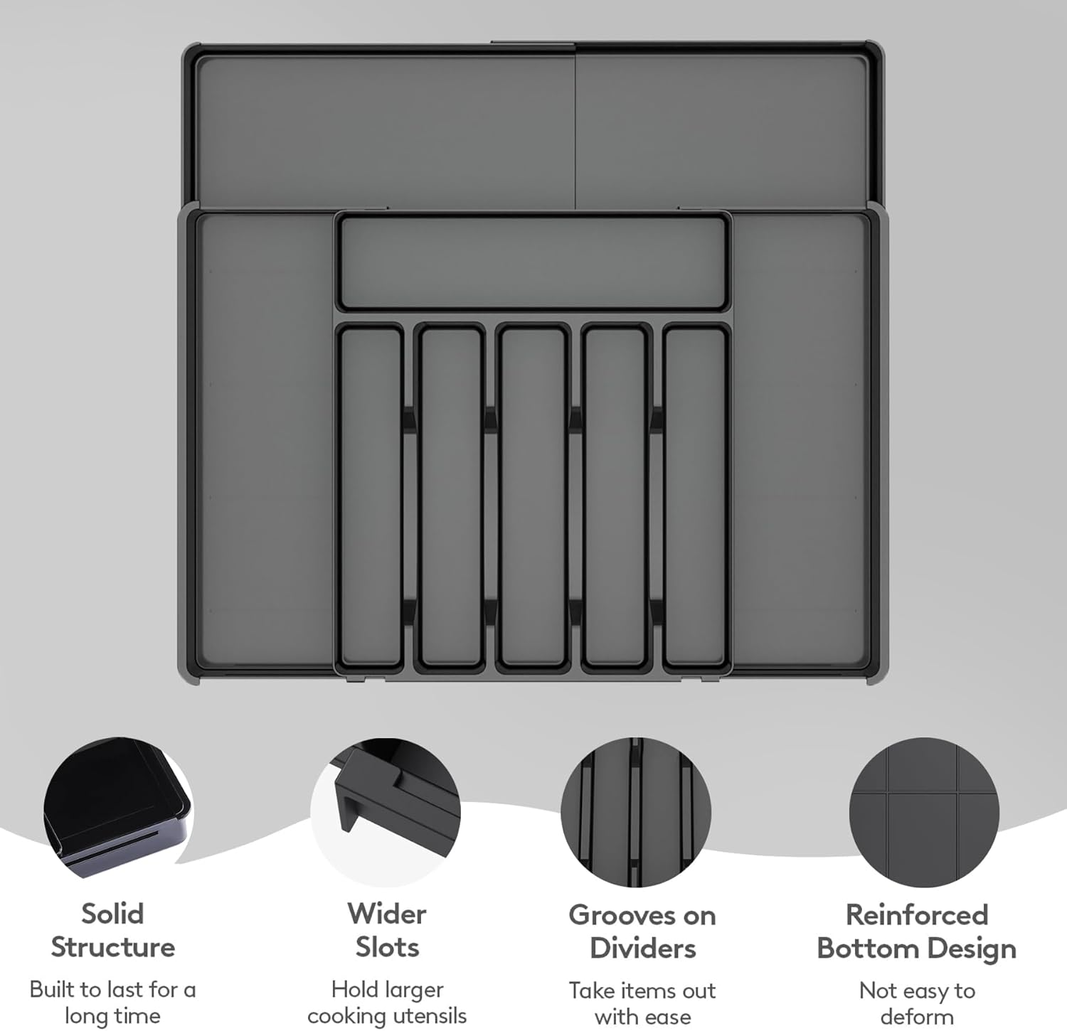 IGGDOQI Cutlery Drawer Organiser, Silverware Organiser for Kitchen Drawers with 9 Compartments, 3 Sided Expandable Utensil Tray, Adjustable Flatware Tray for Spoons Forks Knives (Large-Black)