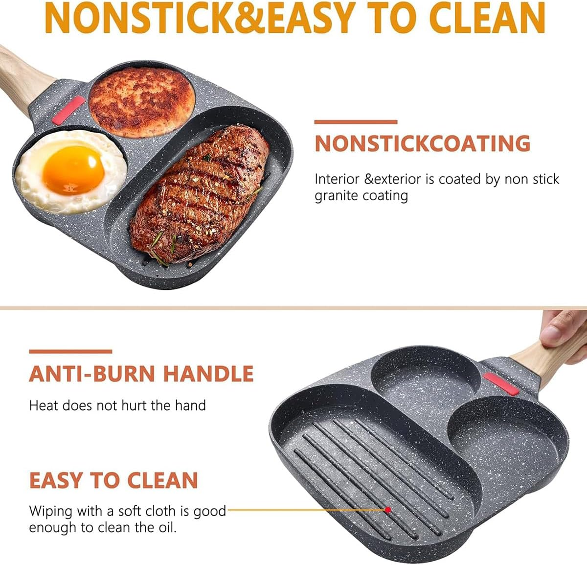 AIMALL Maifan Stone Non-Stick 3-In-1 Frying Pan with Four-Hole Design, 19Cm/7.5In Cooking Area, Granite Coating, Breakfast Egg Pancake Grill Skillet, Anti-Burn Handle