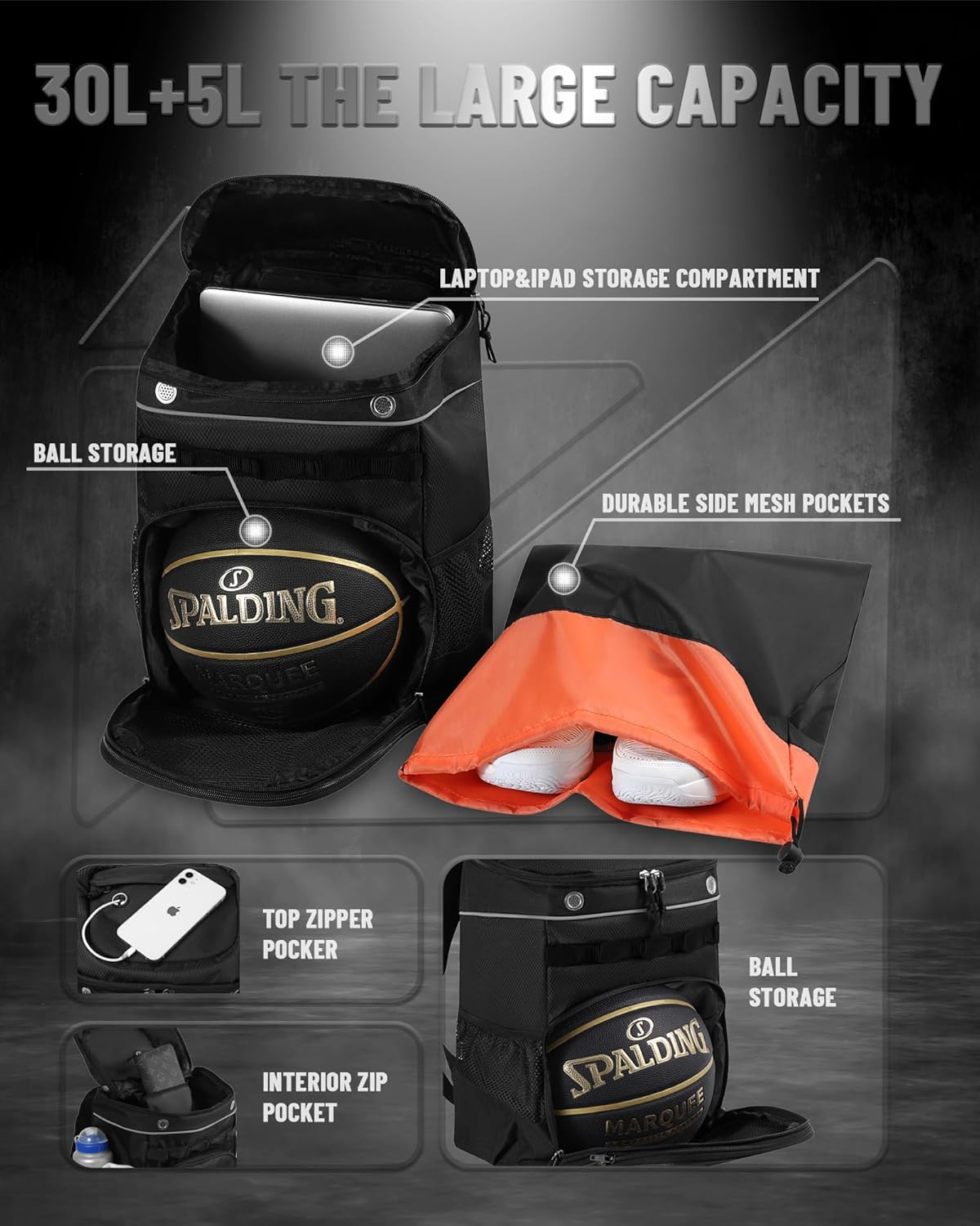 Large Basketball Bag Backpack for Men Women Kids Basketball Bookbag with Ball Compartment Shoes Bag 35L Capacity Boys Girls Soccer Ball Bag Gym Backpack Fit Volleyball Football Sports Travel School image number 7