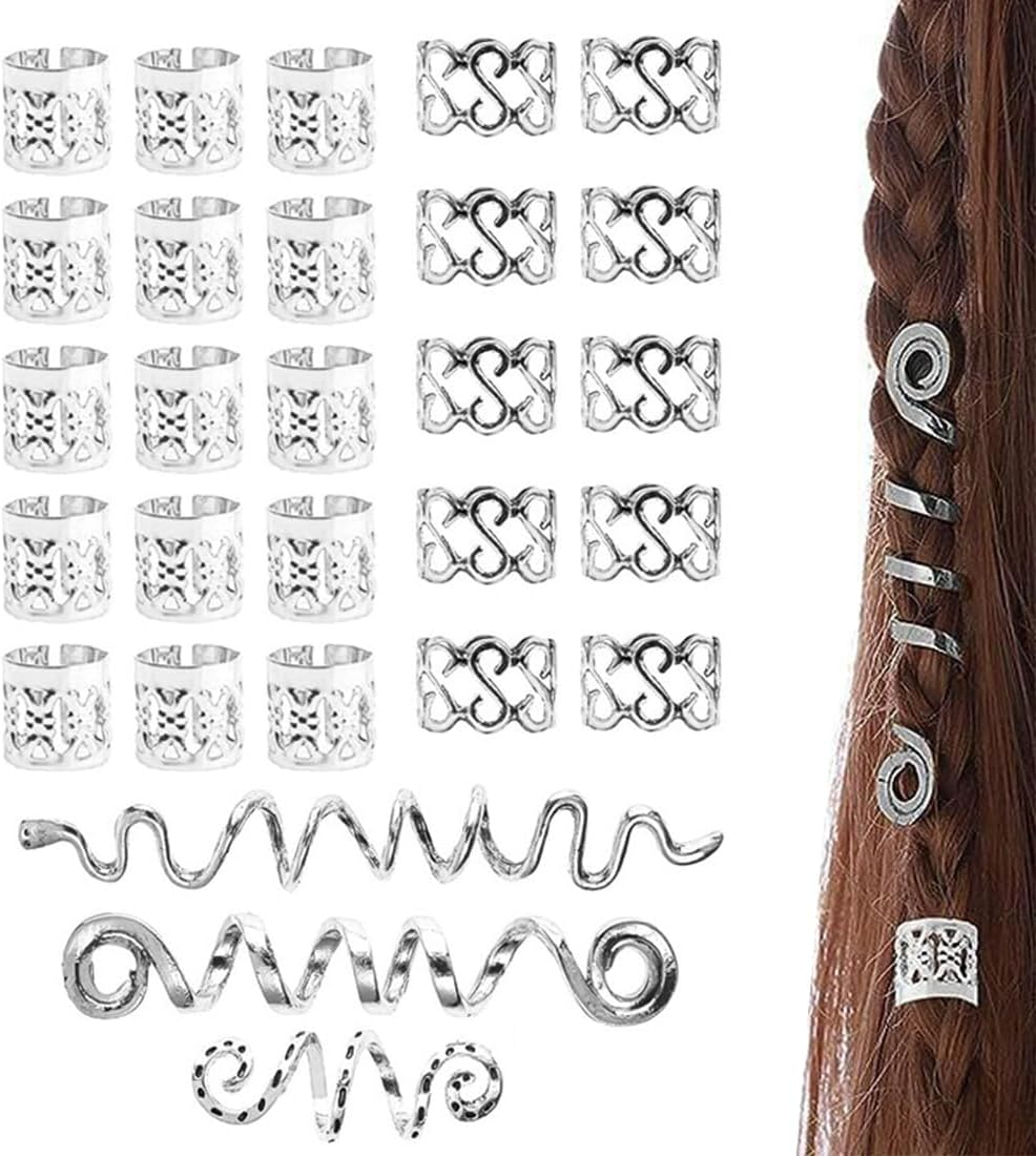 SIRLOMU Pack of 28 Dreadlocks Jewellery, Adjustable Metal Cuffs, Hair Spiral Clips, Dreadlocks Beads, Braiding Hair Jewellery, Suitable for Men and Women (Silver) image number 3
