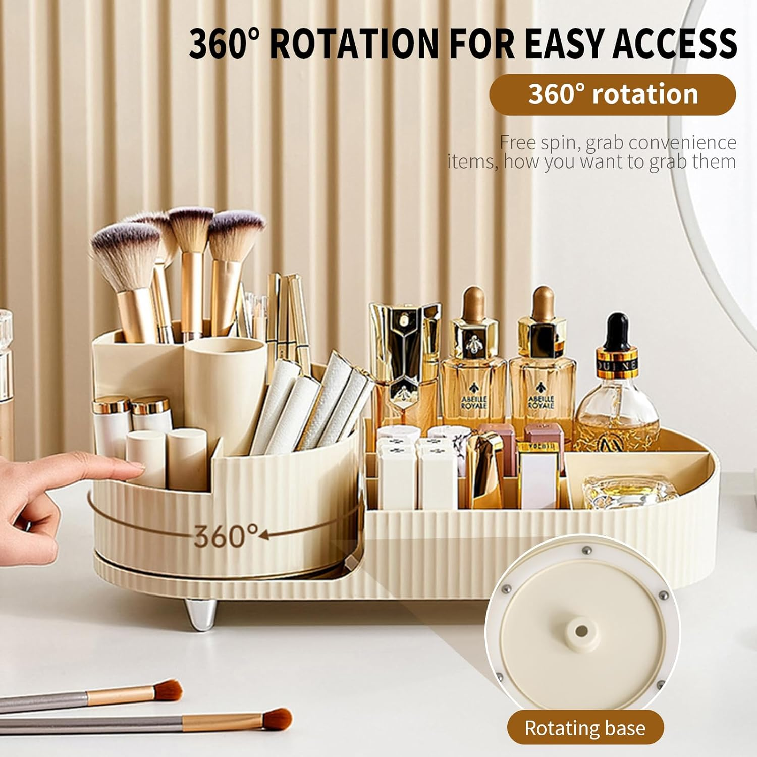 Rotating Makeup Organizer Large Capacity Cosmetic Organiser Desk Dresser and Bathroom Organizer Cosmetics Display Case for Lipsticks,Skincare,Brushes,Nail Care, Jewelry(Creamy White) image number 1