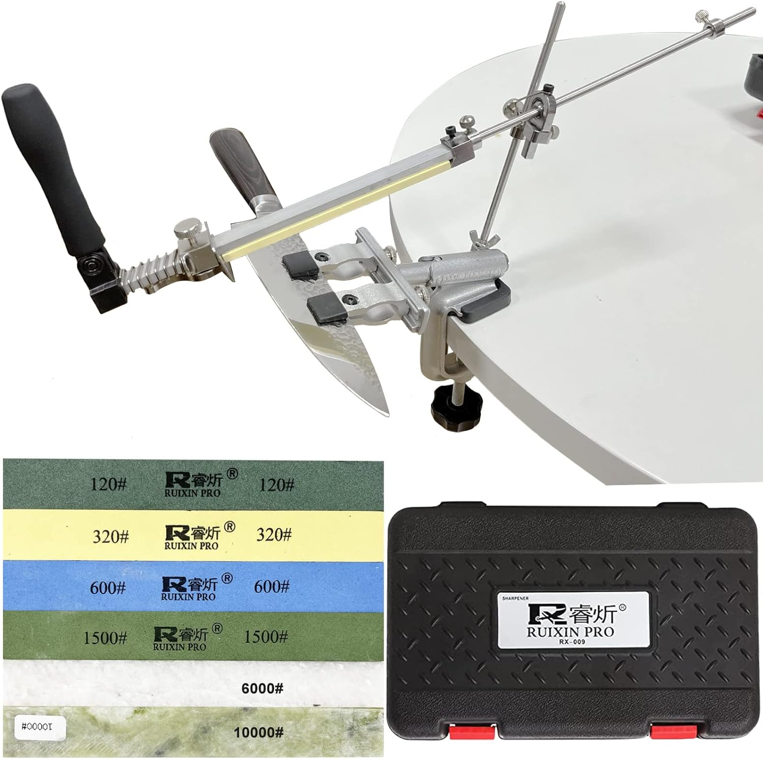 RUIXIN PRO RX-009 Kitchen Knife Sharpener System with 6 Whetstones, 360&deg; Rotation Flip Design, Fixed Angle Stainless Steel Professional Chef Knife Sharpening Kit Fine Grinding Polishing Tool image number 5