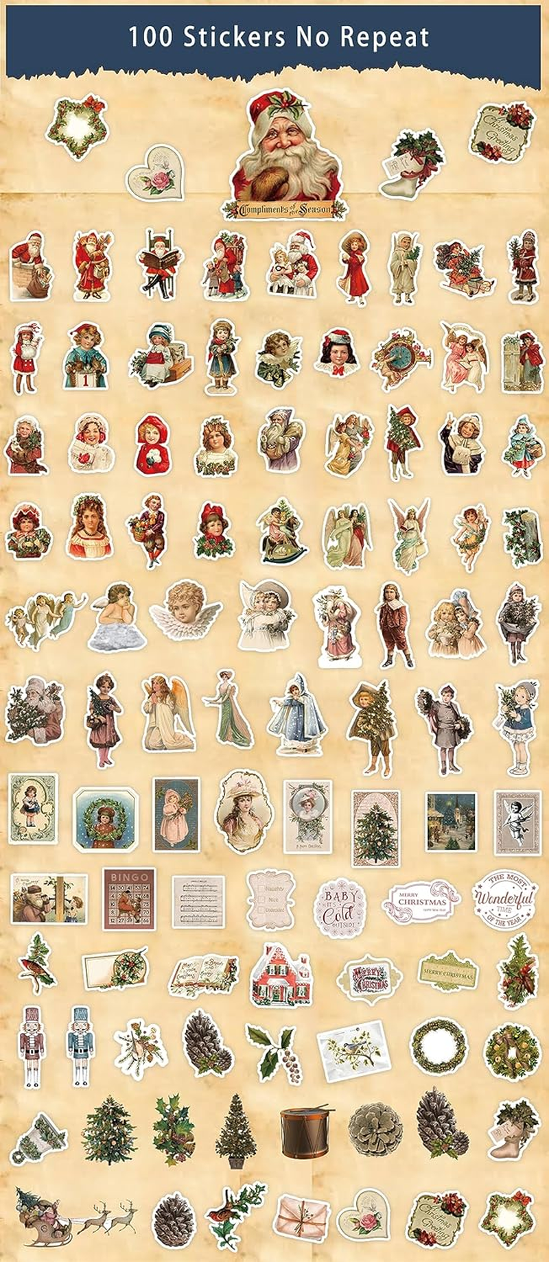 100 Pcs Christmas Stickers Non-Repeating Retro Santa Claus Stickers Christmas Decoration,Waterproof Holiday Sticker for Scrapbook,Cards,Junk Journals, Laptop,Water Bottles (Santa 100 Pcs) image number 2