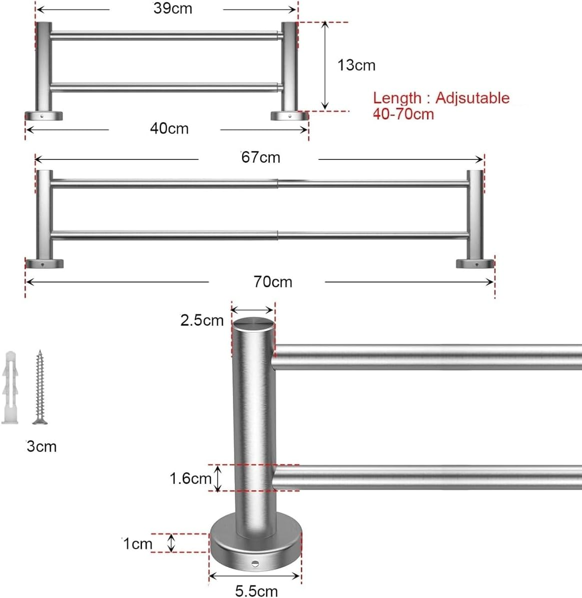 Frafuo Adjustable 40 to 70 Cm Double Bath Towel Bar for Bathroom SUS304 Stainless Steel Towel Holder-Wall Mount with Screws Towel Bar-Retractable Towel Bar Rod Rack Hotel Style(Polish) image number 3