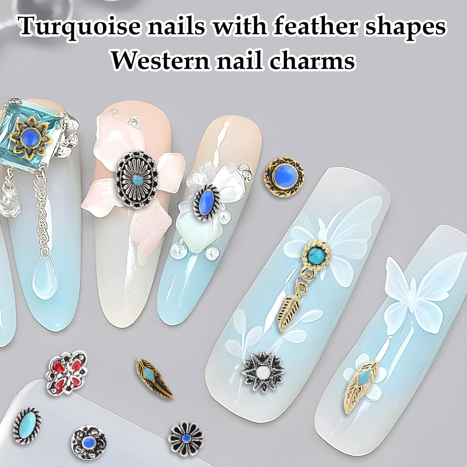 50Pcs Stylish Western Turquoise Nail Charms, Retro Metal Cowboy Nail Gems Mixed Shapes DIY Manicure Accessories for Gel & Acrylic Fingernails image number 4