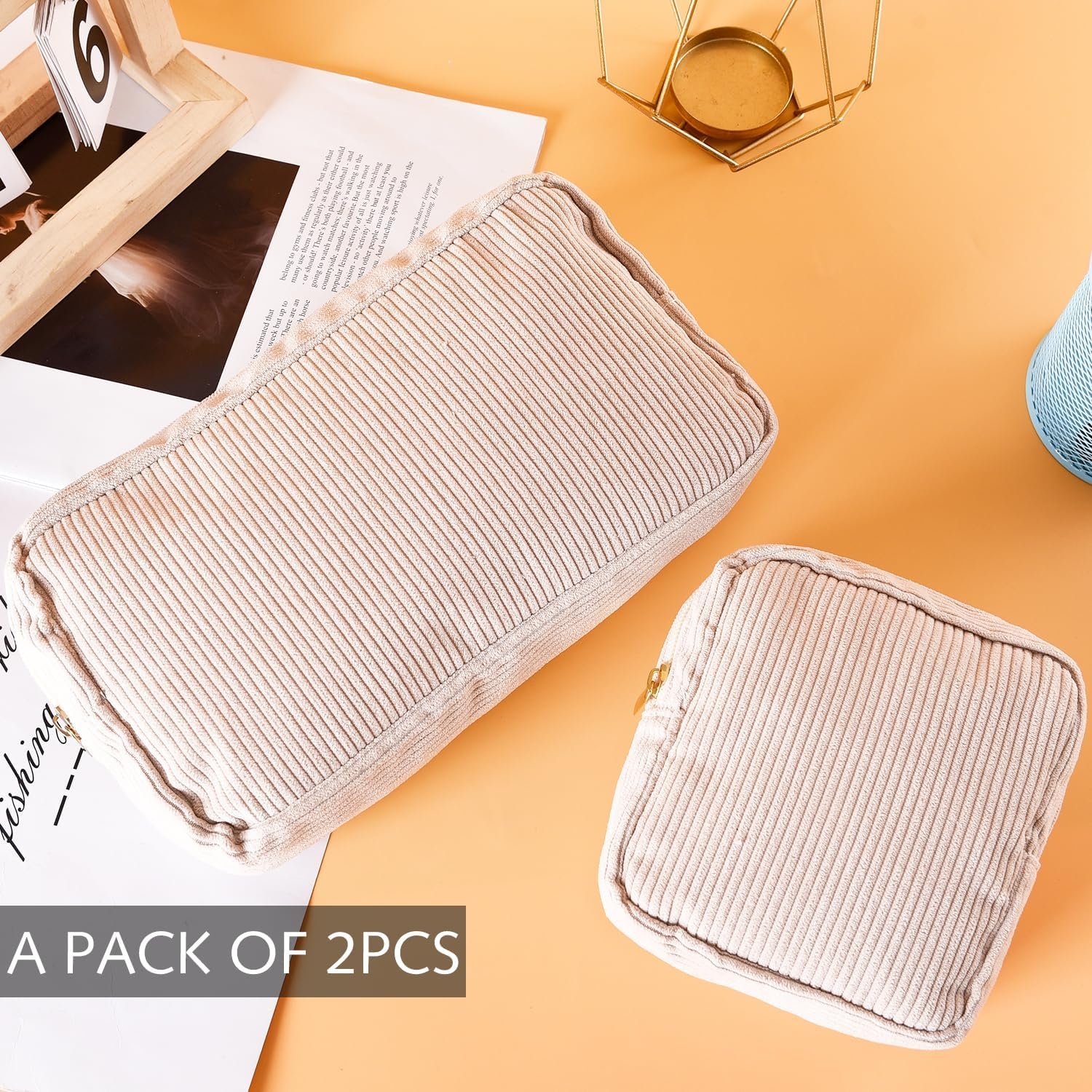 Cosmetic Bags for Women, Small, Small Cosmetic Bag, Cord Makeup Bag, Make up Bag with Compartments and Zip, Travel Cosmetic Bags, 2 Pieces, Beige Cosmetic Bag