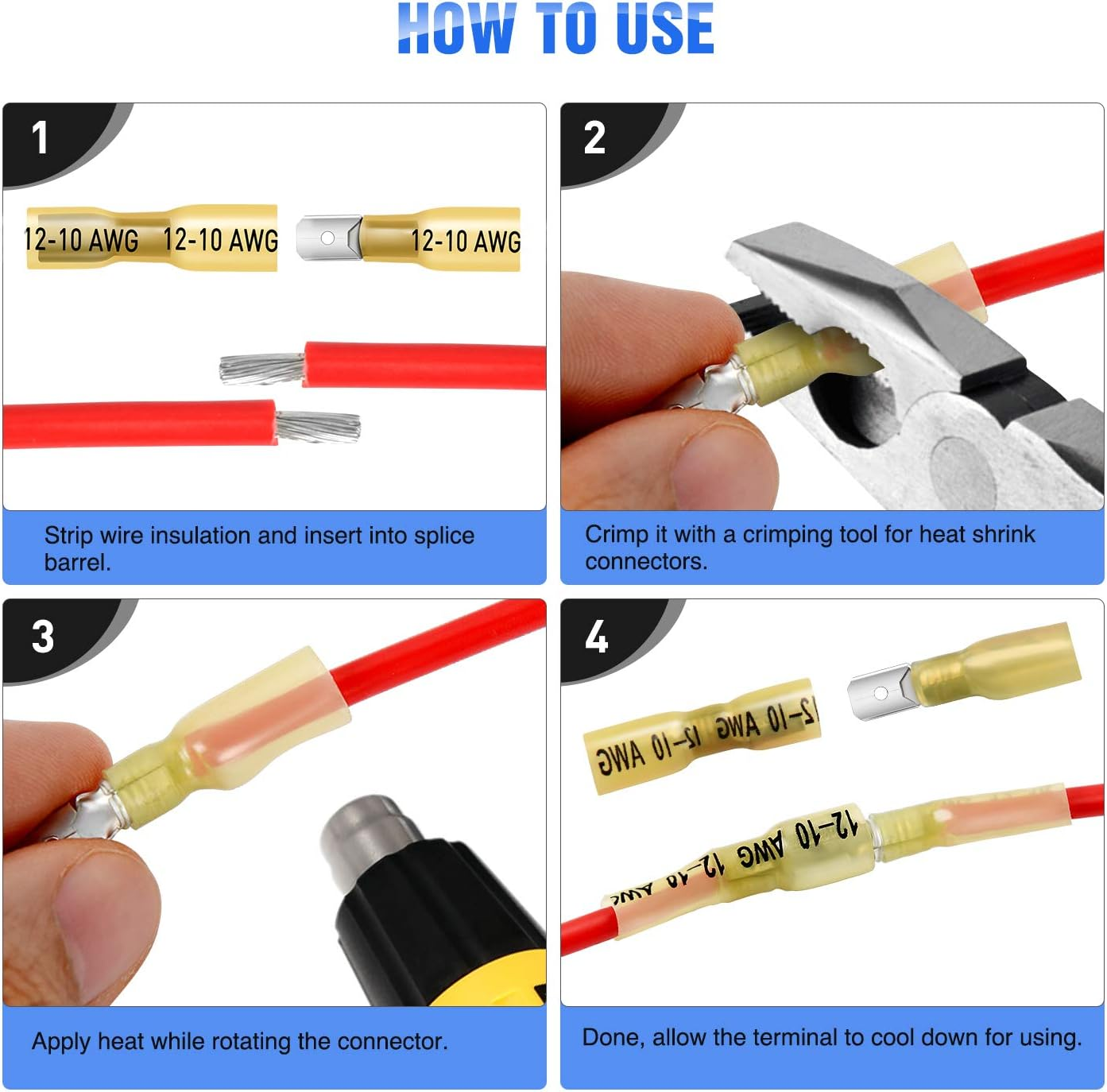 Nilight - 50027R 250 PCS Heat Shrink Spade Connectors Quick Disconnect Wire Connectors Electrical Spade Terminals Heat Shrink Fully Insulated Male and Female Wire Spade Connectors image number 5