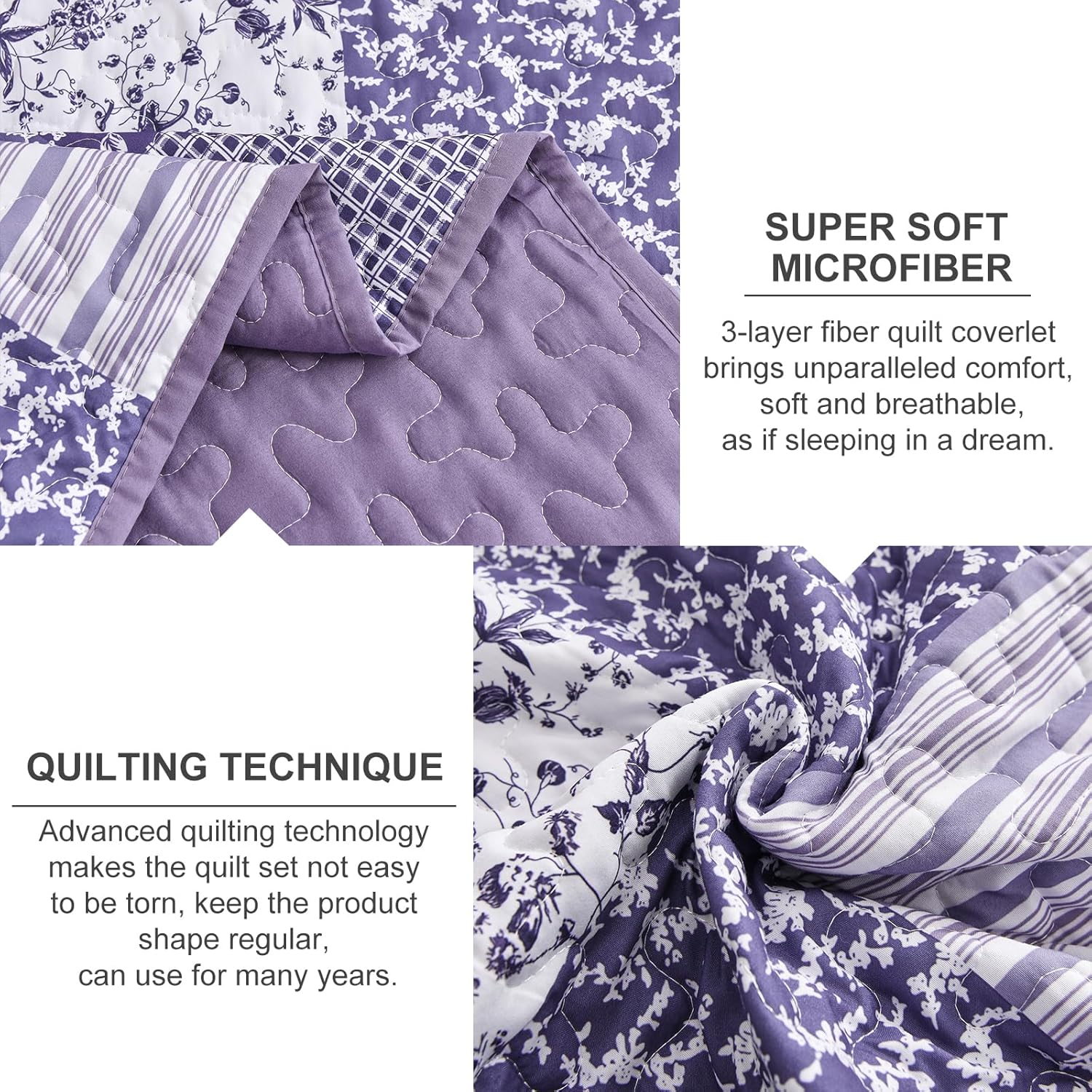 3Pcs Soft Coverlet Bedspread Set Queen King Size Patchwork Quilted Bed Floral Microfiber Lightweight Bohemian Bedding Set for All Season (Purple, Queen) image number 4